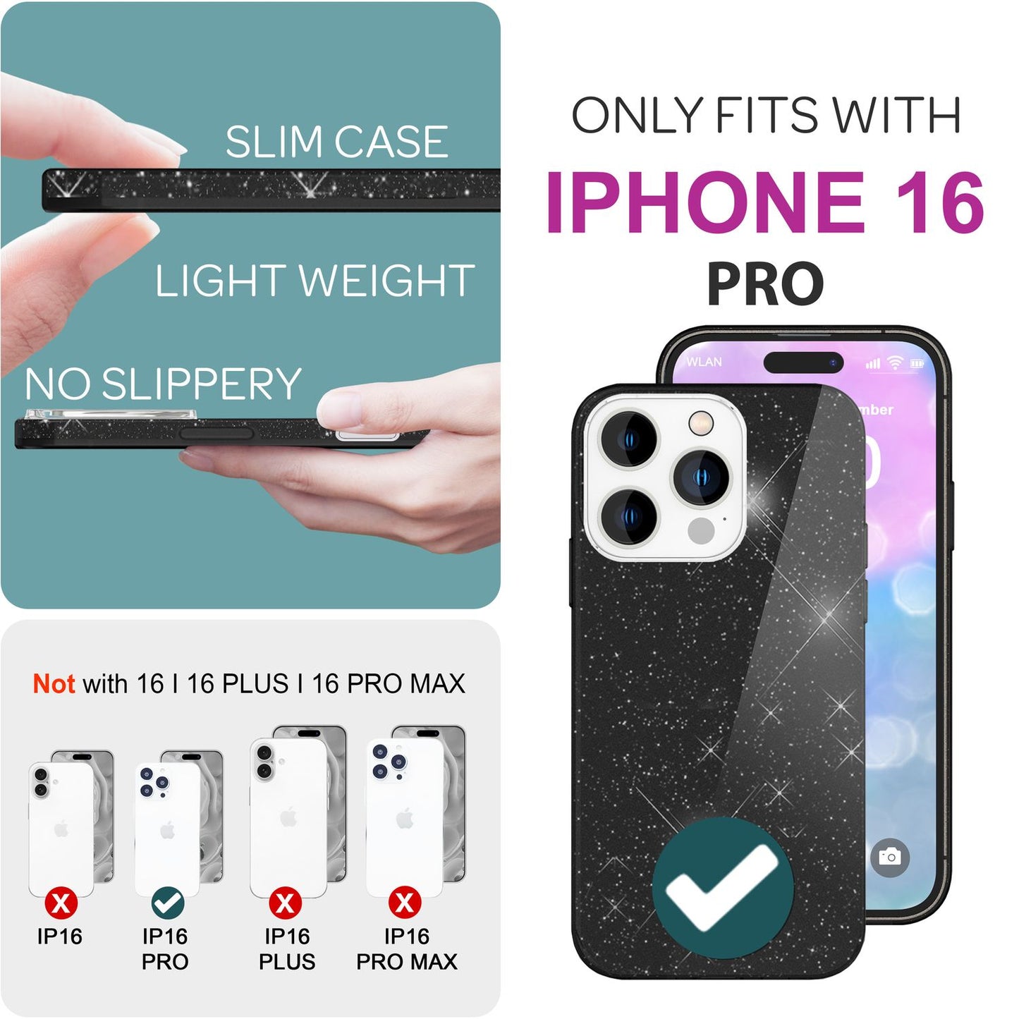 NALIA Glitzerhülle für iPhone 16 Pro – Funkelnder Glitzer-Look & Grip – SHINEPOP (Silikon Case) – Marke aus Berlin