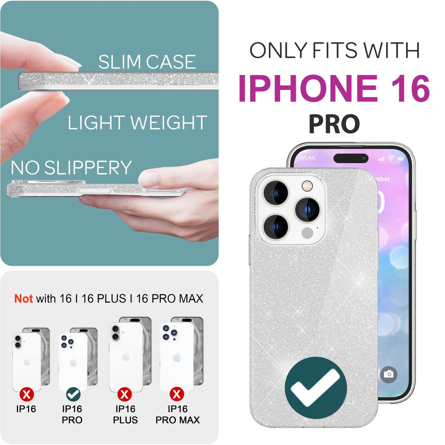 NALIA Glitzerhülle für iPhone 16 Pro – Funkelnder Glitzer-Look & Grip – SHINEPOP (Silikon Case) – Marke aus Berlin