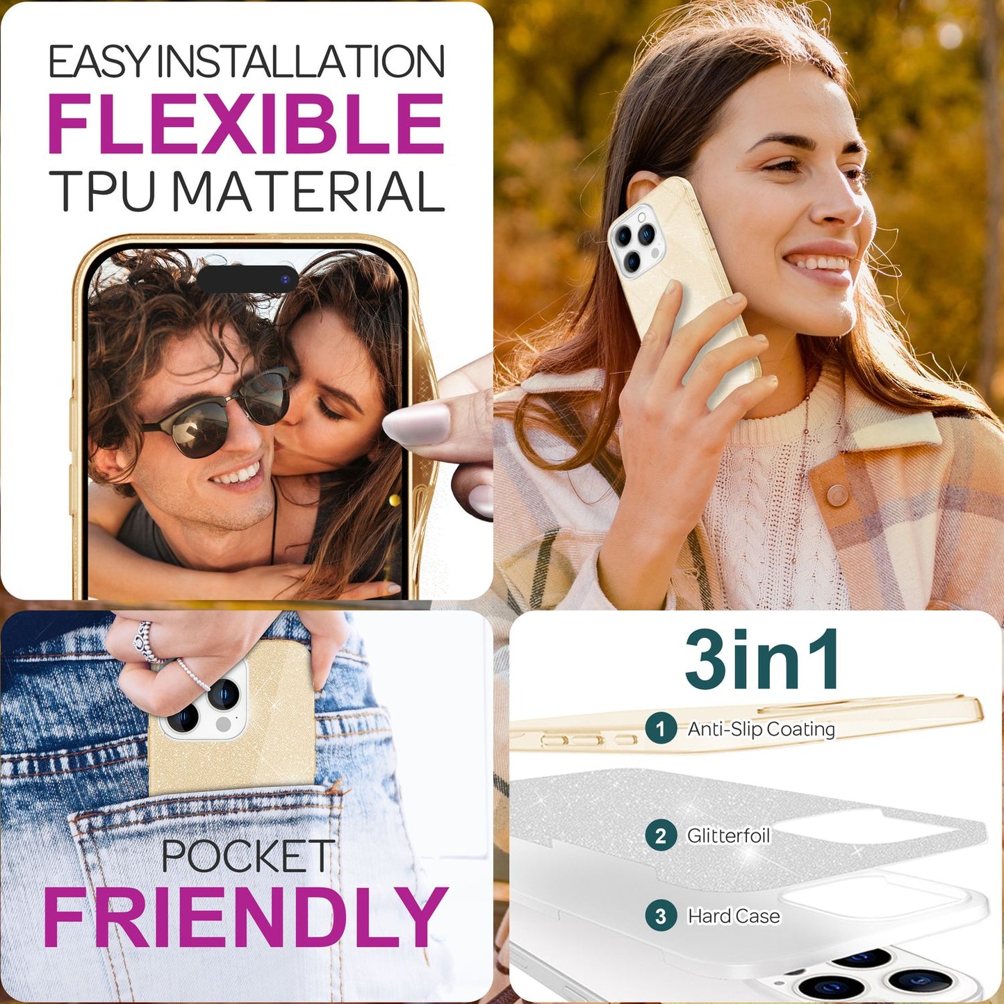 NALIA Glitzerhülle für iPhone 16 Pro Max – Funkelnder Glitzer-Look & Grip – SHINEPOP (Silikon Case) – Marke aus Berlin