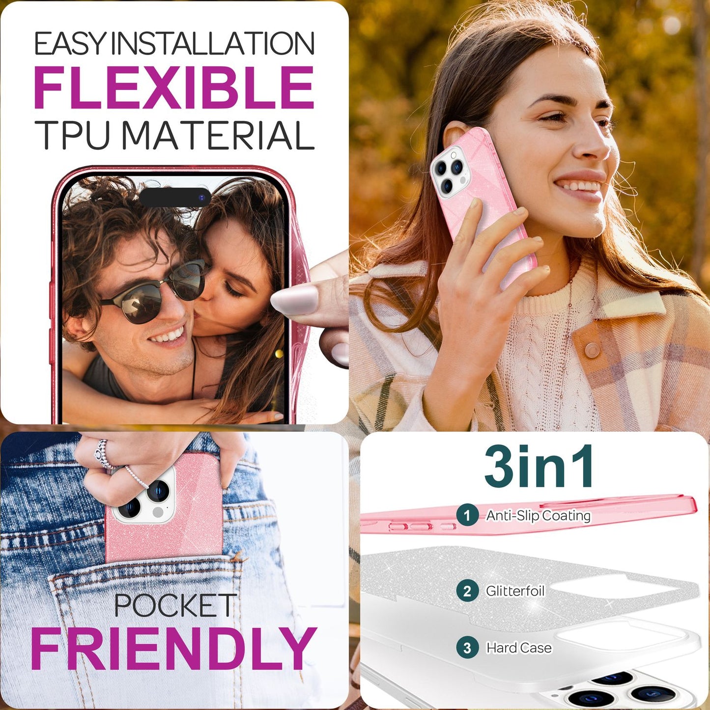 NALIA Glitzerhülle für iPhone 16 Pro Max – Funkelnder Glitzer-Look & Grip – SHINEPOP (Silikon Case) – Marke aus Berlin