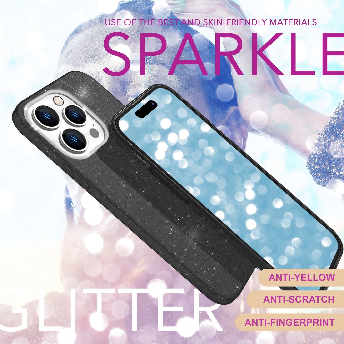 NALIA Glitzerhülle für iPhone 16 Pro Max – Funkelnder Glitzer-Look & Grip – SHINEPOP (Silikon Case) – Marke aus Berlin