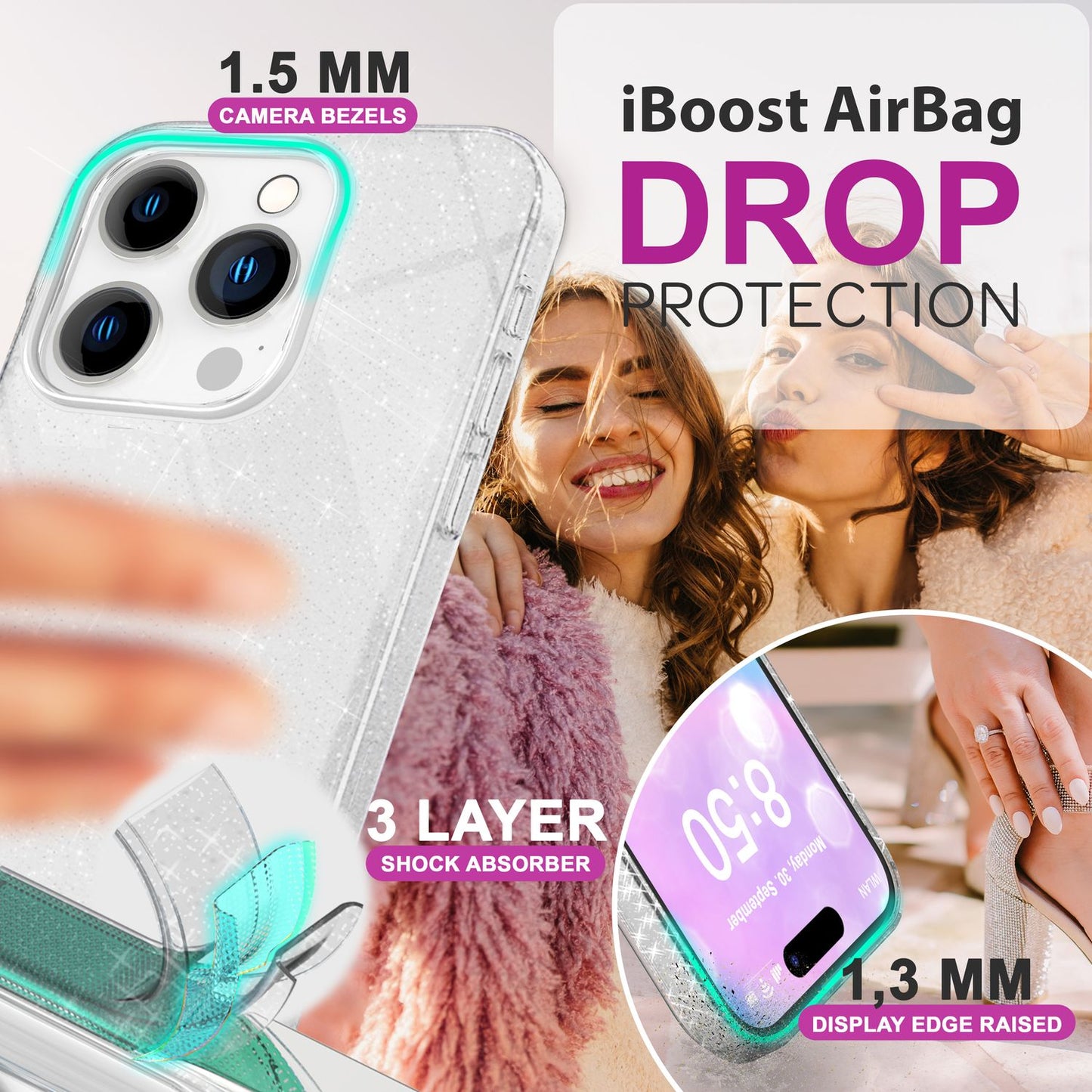 NALIA Glitzerhülle für iPhone 16 Pro Max – Funkelnder Glitzer-Look & Grip – SHINEPOP (Silikon Case) – Marke aus Berlin