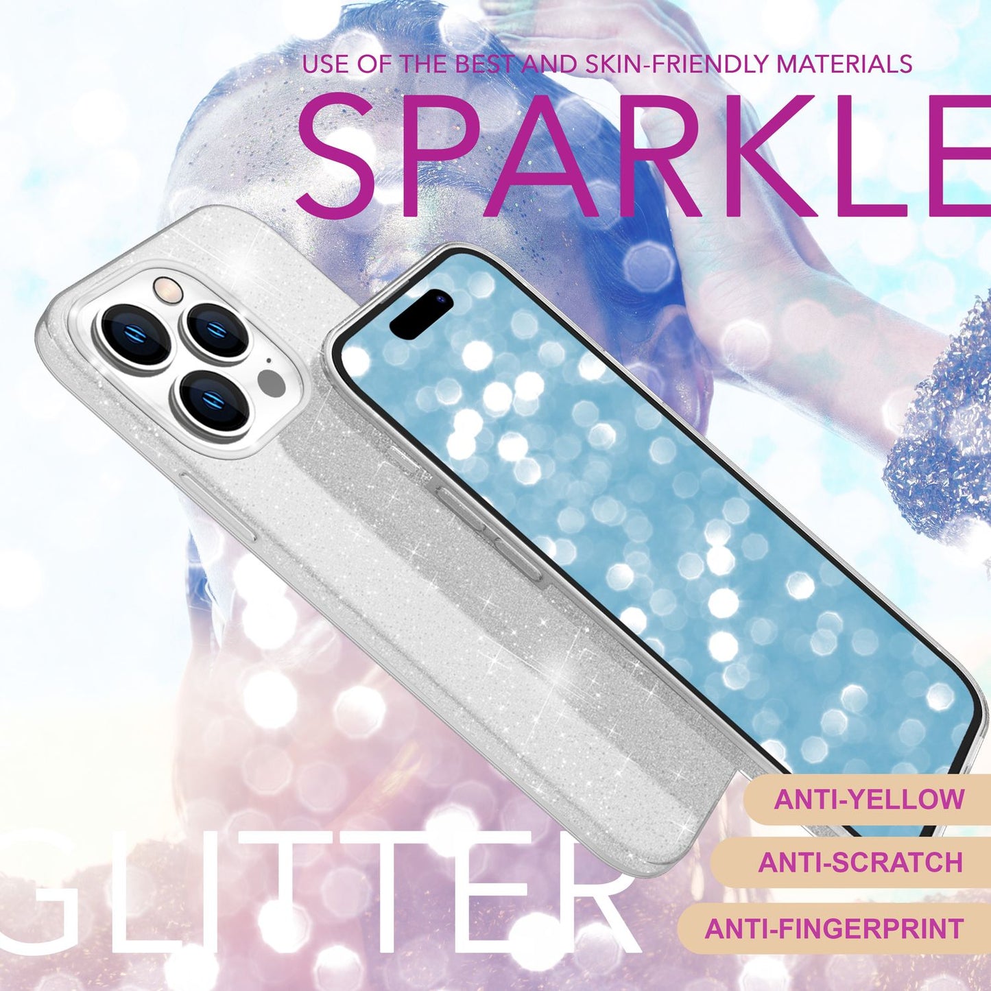 NALIA Glitzerhülle für iPhone 16 Pro Max – Funkelnder Glitzer-Look & Grip – SHINEPOP (Silikon Case) – Marke aus Berlin
