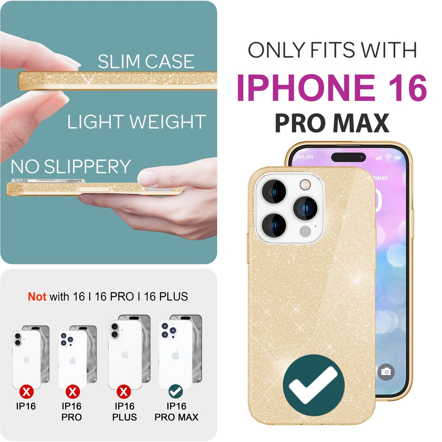 NALIA Glitzerhülle für iPhone 16 Pro Max – Funkelnder Glitzer-Look & Grip – SHINEPOP (Silikon Case) – Marke aus Berlin