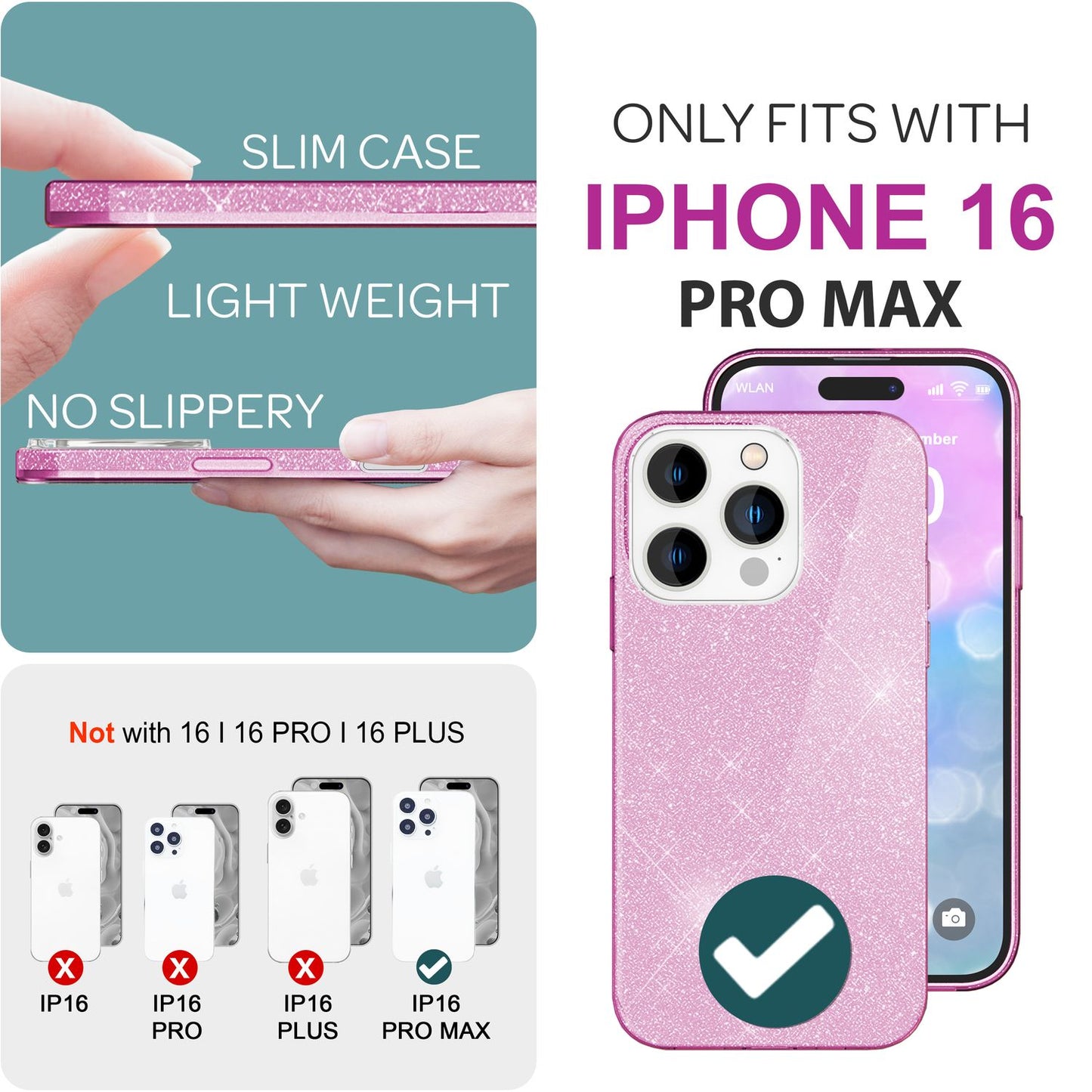 NALIA Glitzerhülle für iPhone 16 Pro Max – Funkelnder Glitzer-Look & Grip – SHINEPOP (Silikon Case) – Marke aus Berlin