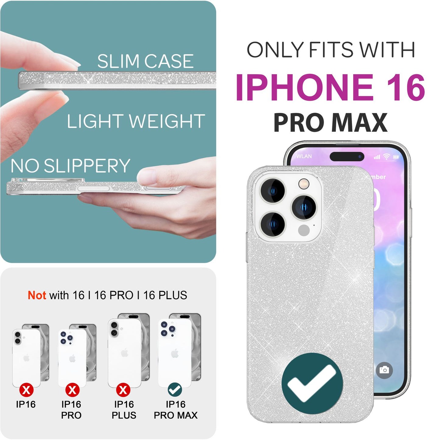 NALIA Glitzerhülle für iPhone 16 Pro Max – Funkelnder Glitzer-Look & Grip – SHINEPOP (Silikon Case) – Marke aus Berlin