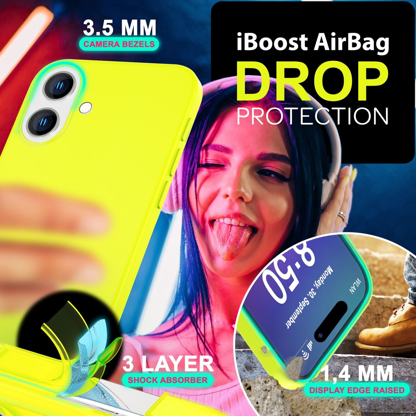NALIA Neon Silikonhülle für iPhone 16 – Soft-Touch & Signal-Neon – NEONSHOCK (Matte Schutzhülle) – Marke aus Berlin