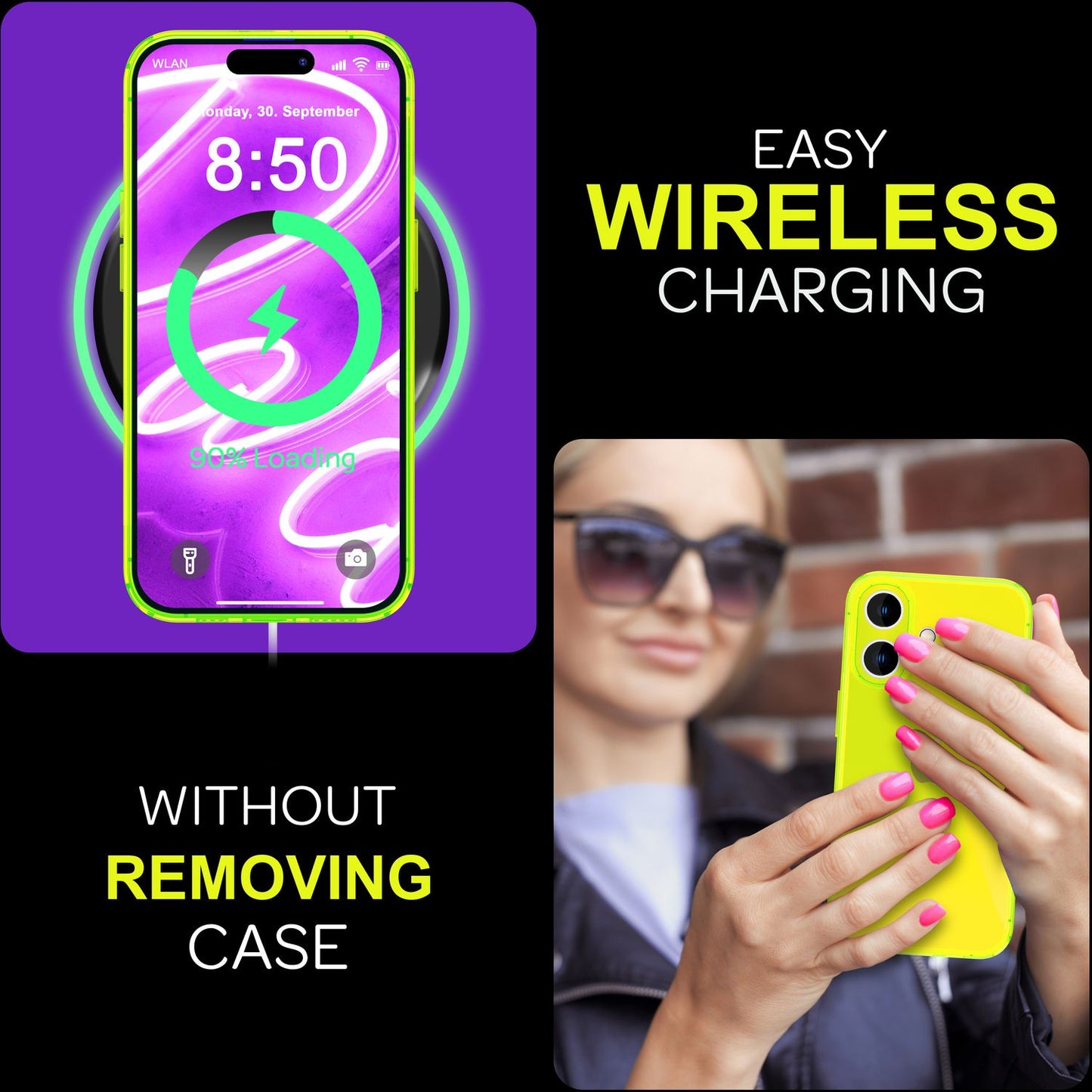 NALIA Neon Silikonhülle für iPhone 16 – Knallige Signal-Farbe & Linsenschutz – VIBE (Transparentes Case) – Marke aus Berlin