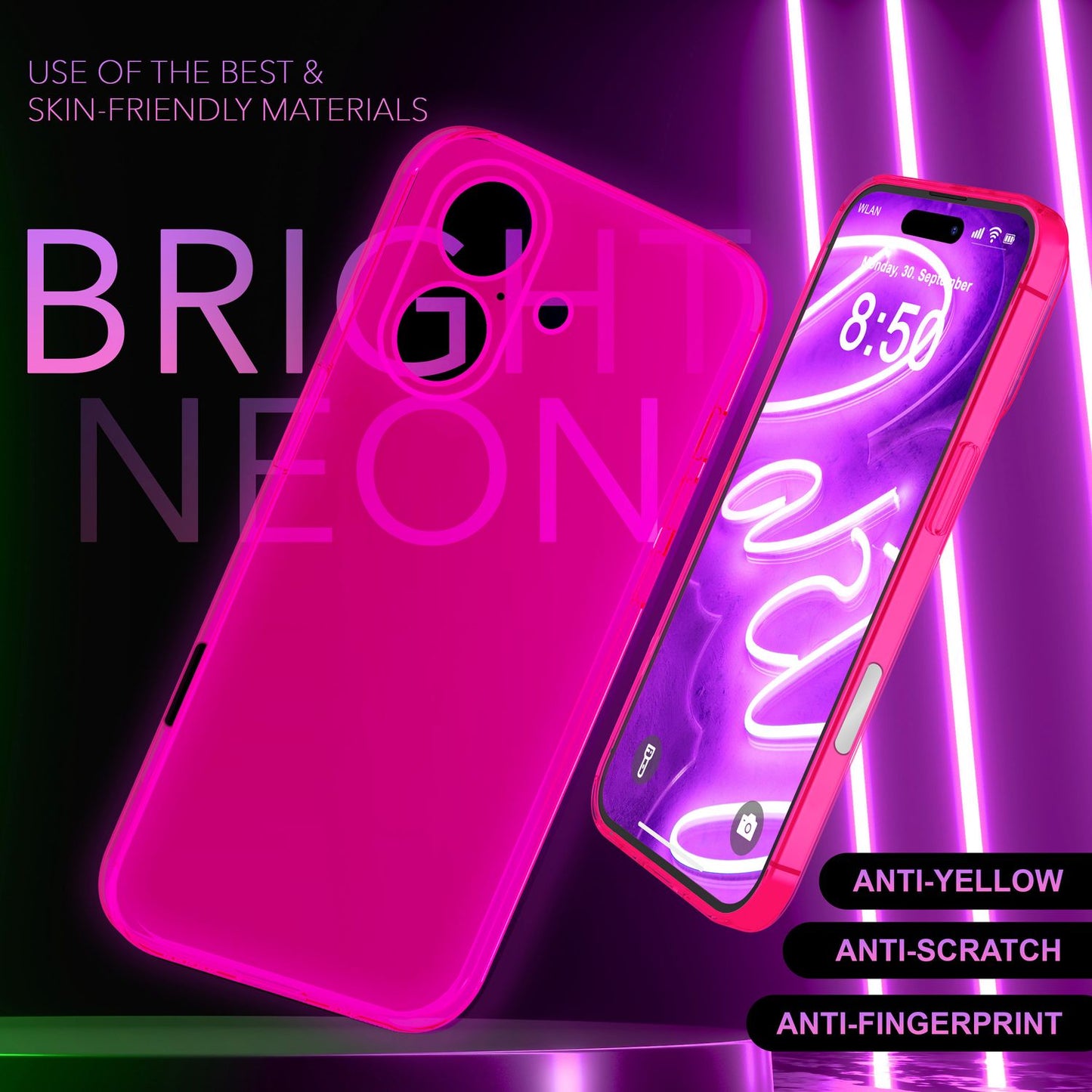 NALIA Neon Silikonhülle für iPhone 16 – Knallige Signal-Farbe & Linsenschutz – VIBE (Transparentes Case) – Marke aus Berlin