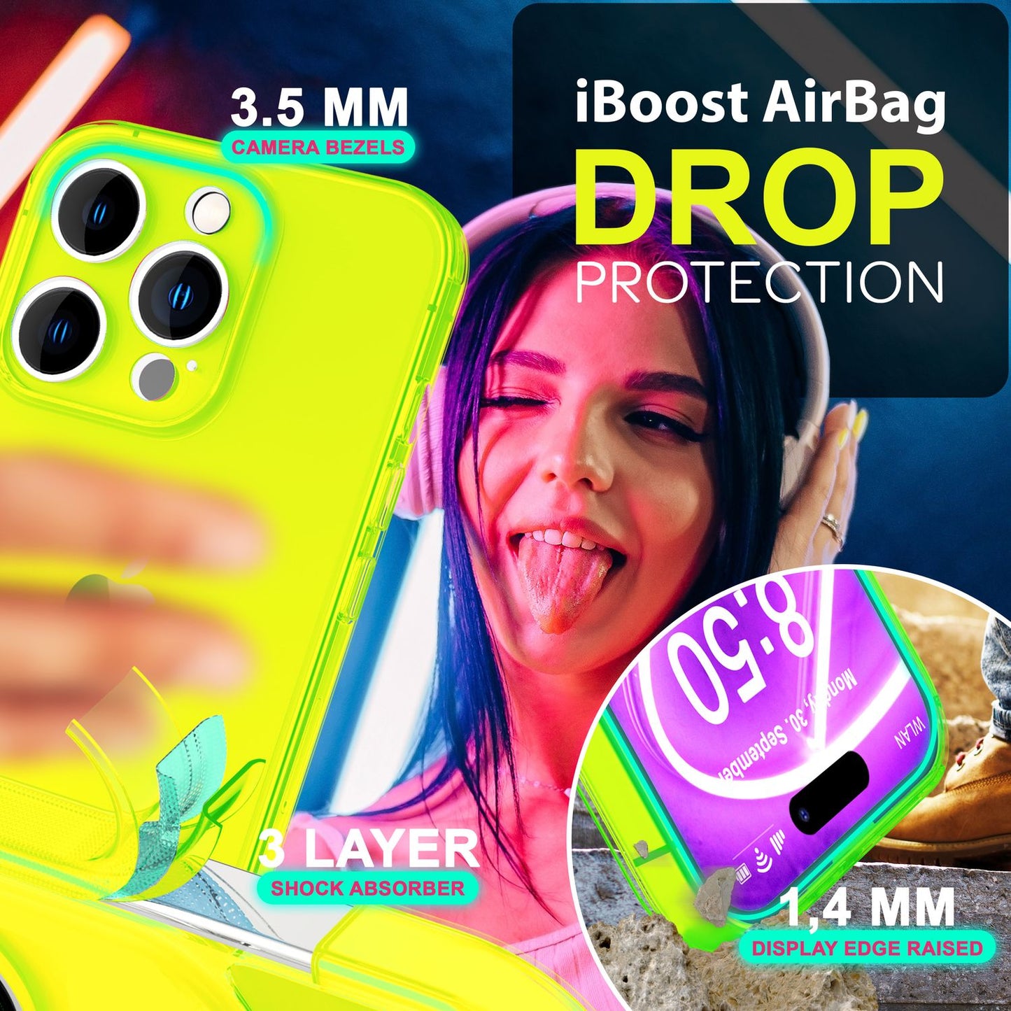 NALIA Neon Silikonhülle für iPhone 16 Pro – Knallige Signal-Farbe & Linsenschutz – VIBE (Transparentes Case) – Marke aus Berlin