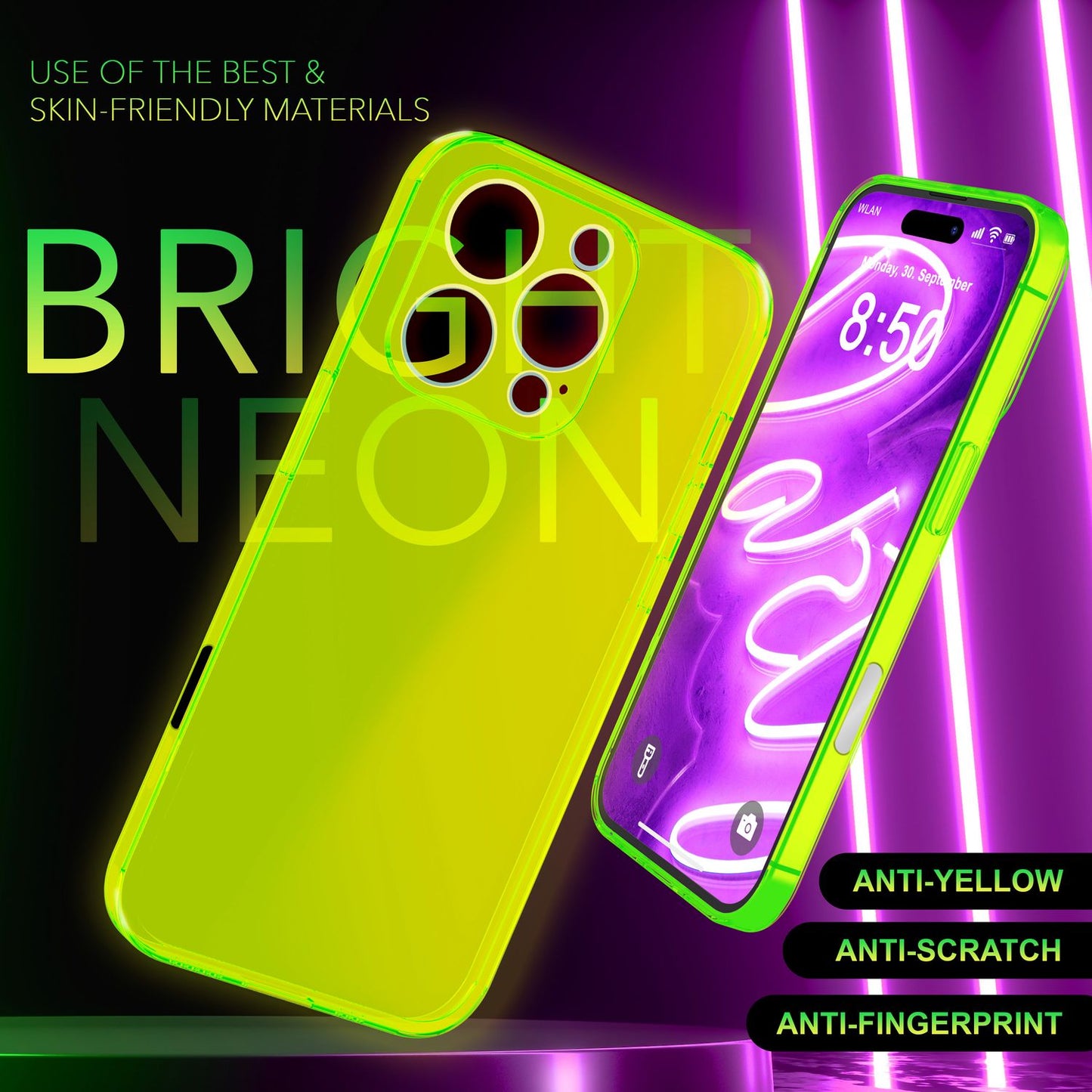 NALIA Neon Silikonhülle für iPhone 16 Pro – Knallige Signal-Farbe & Linsenschutz – VIBE (Transparentes Case) – Marke aus Berlin