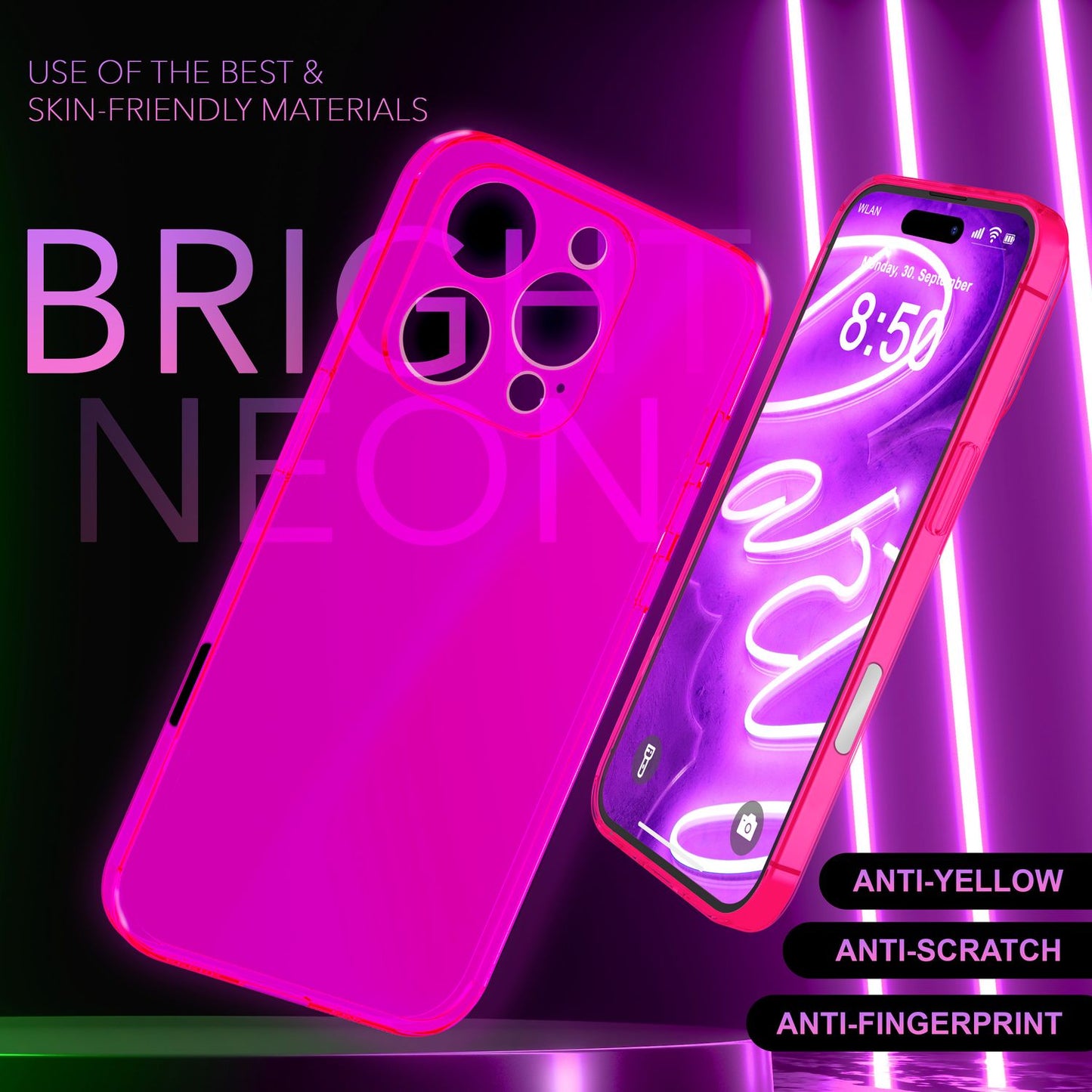 NALIA Neon Silikonhülle für iPhone 16 Pro – Knallige Signal-Farbe & Linsenschutz – VIBE (Transparentes Case) – Marke aus Berlin