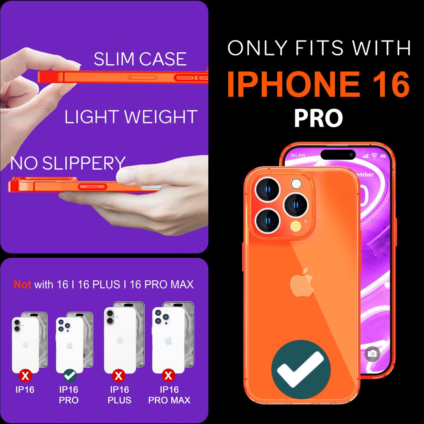NALIA Neon Silikonhülle für iPhone 16 Pro – Knallige Signal-Farbe & Linsenschutz – VIBE (Transparentes Case) – Marke aus Berlin
