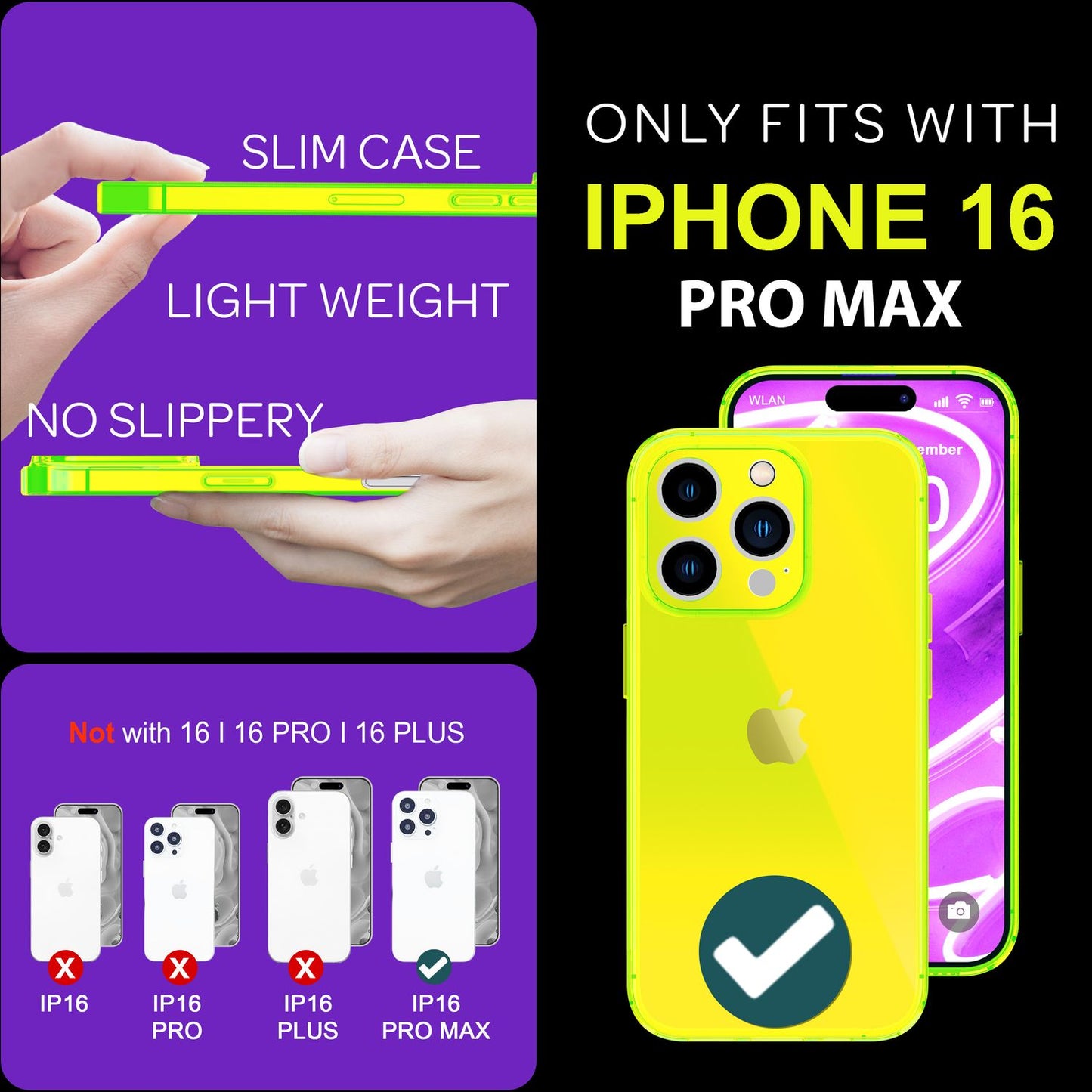 NALIA Neon Silikonhülle für iPhone 16 Pro Max – Knallige Signal-Farbe & Linsenschutz – VIBE (Transparentes Case) – Marke aus Berlin