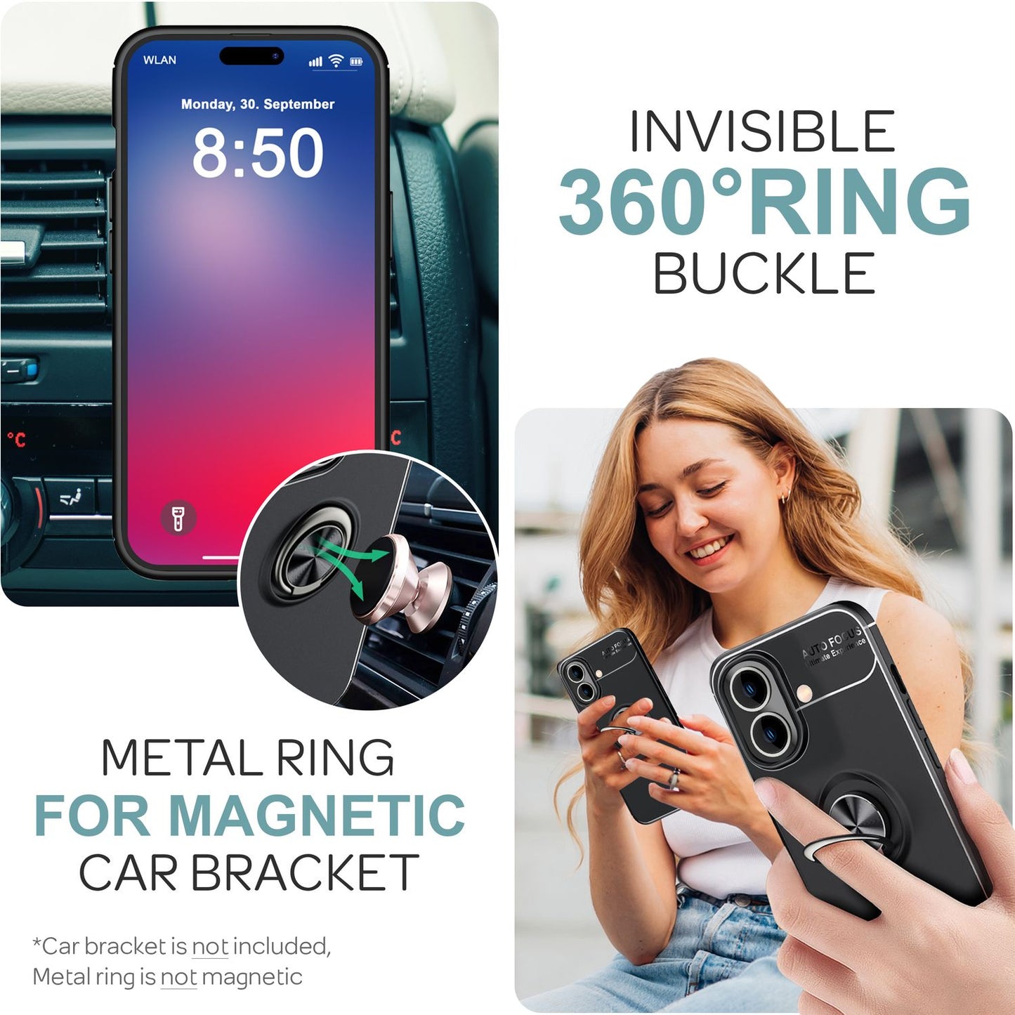 NALIA Ringhülle für iPhone 16 – Ring-Ständer 360° & für Magnet-Halter – GRIP360 (Mattiertes Silikon Case) – Marke aus Berlin