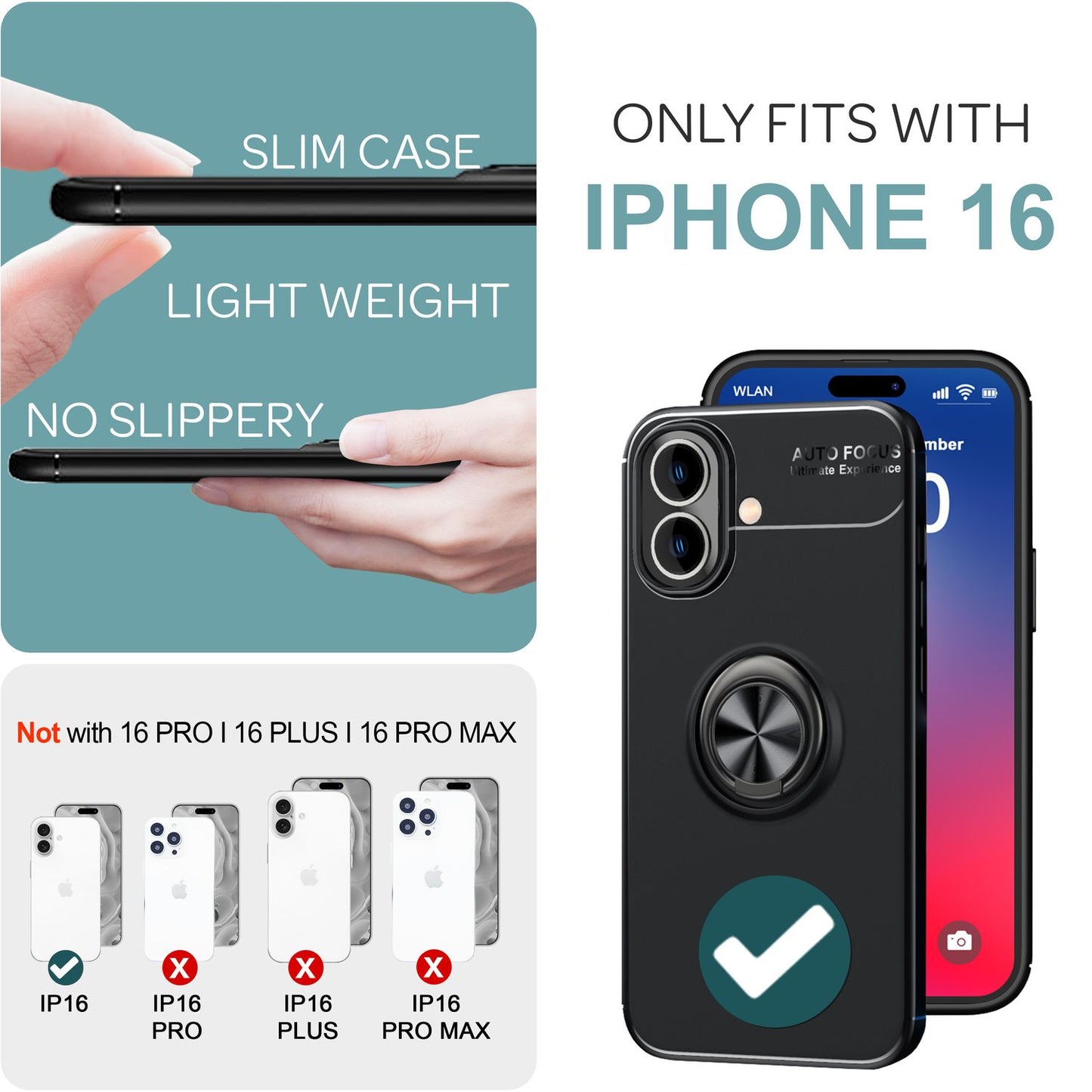 NALIA Ringhülle für iPhone 16 – Ring-Ständer 360° & für Magnet-Halter – GRIP360 (Mattiertes Silikon Case) – Marke aus Berlin