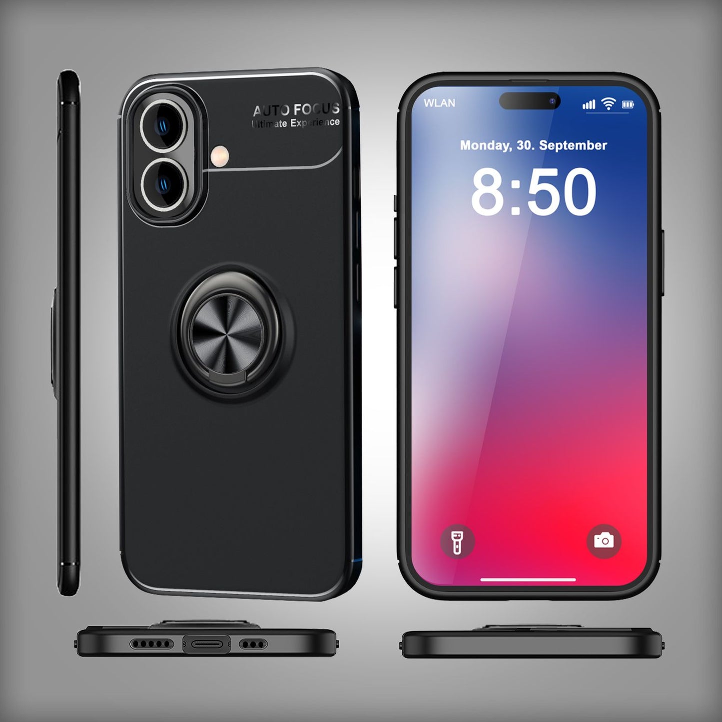 NALIA Ringhülle für iPhone 16 Plus – Ring-Ständer 360° & für Magnet-Halter – GRIP360 (Mattiertes Silikon Case) – Marke aus Berlin