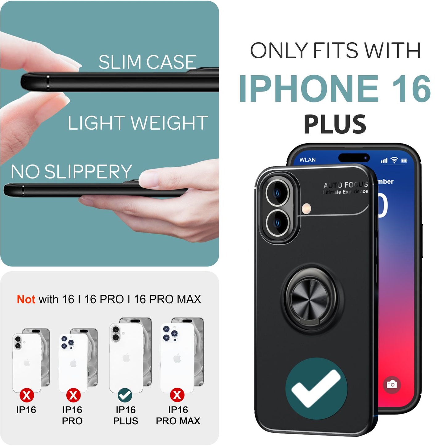 NALIA Ringhülle für iPhone 16 Plus – Ring-Ständer 360° & für Magnet-Halter – GRIP360 (Mattiertes Silikon Case) – Marke aus Berlin