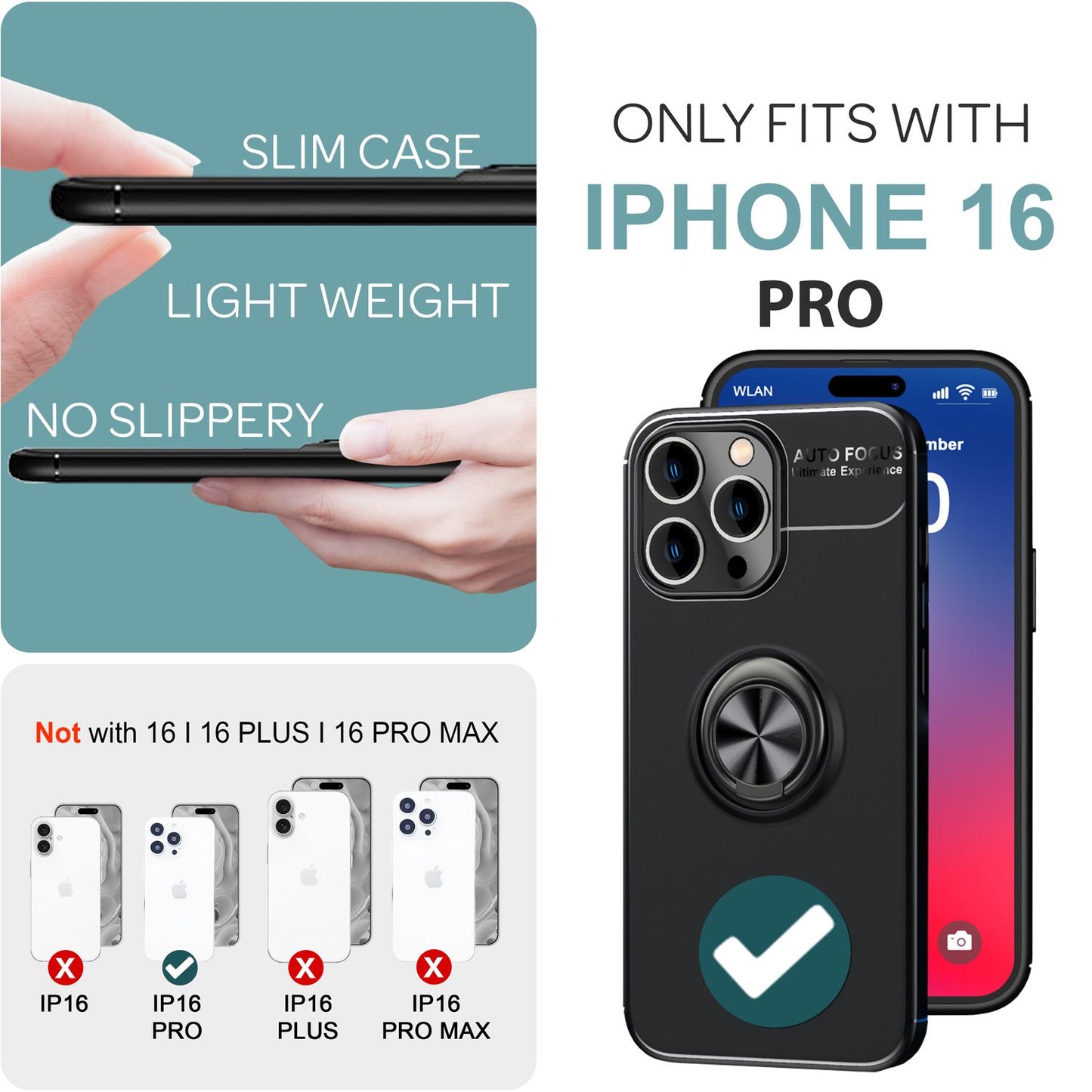NALIA Ringhülle für iPhone 16 Pro – Ring-Ständer 360° & für Magnet-Halter – GRIP360 (Mattiertes Silikon Case) – Marke aus Berlin
