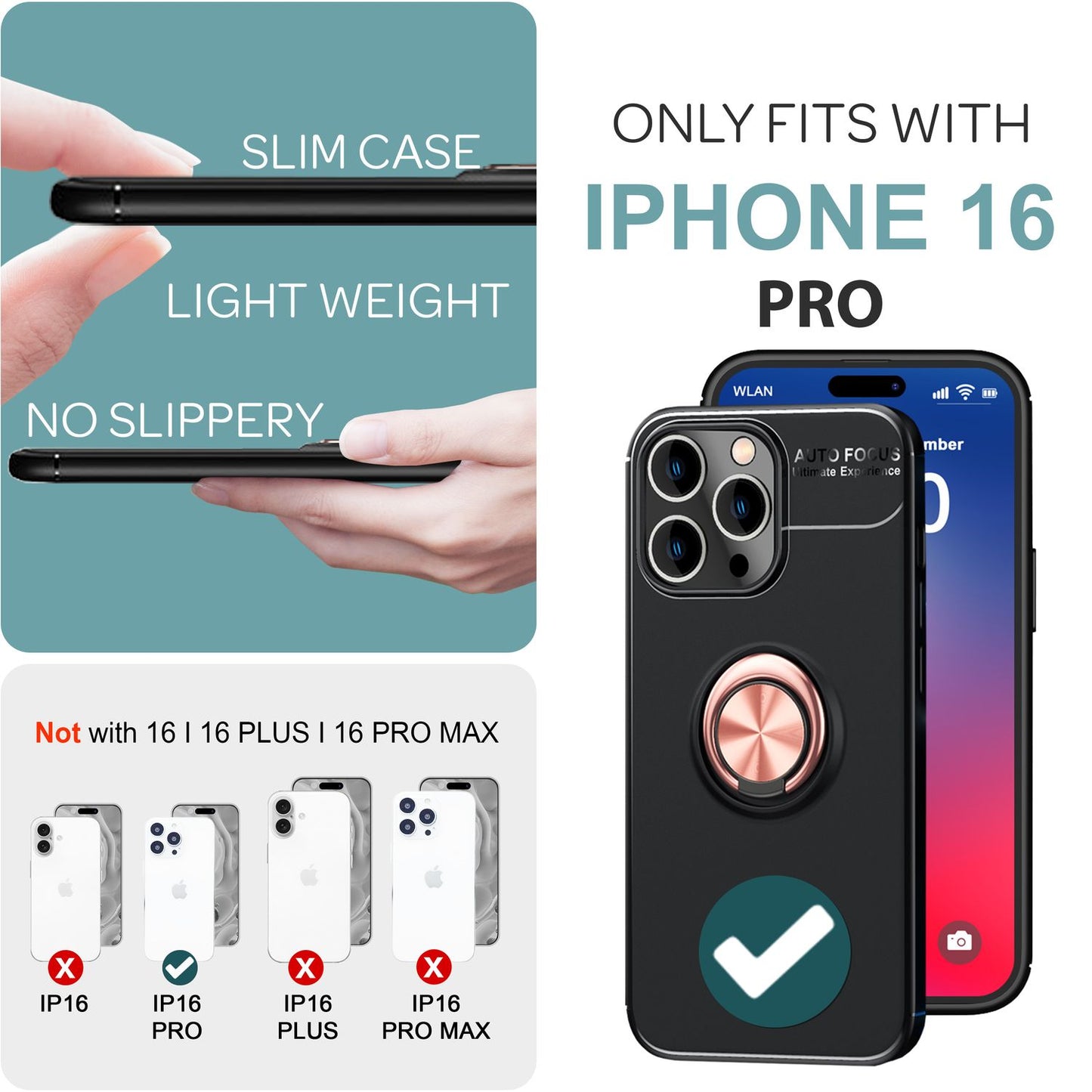 NALIA Ringhülle für iPhone 16 Pro – Ring-Ständer 360° & für Magnet-Halter – GRIP360 (Mattiertes Silikon Case) – Marke aus Berlin