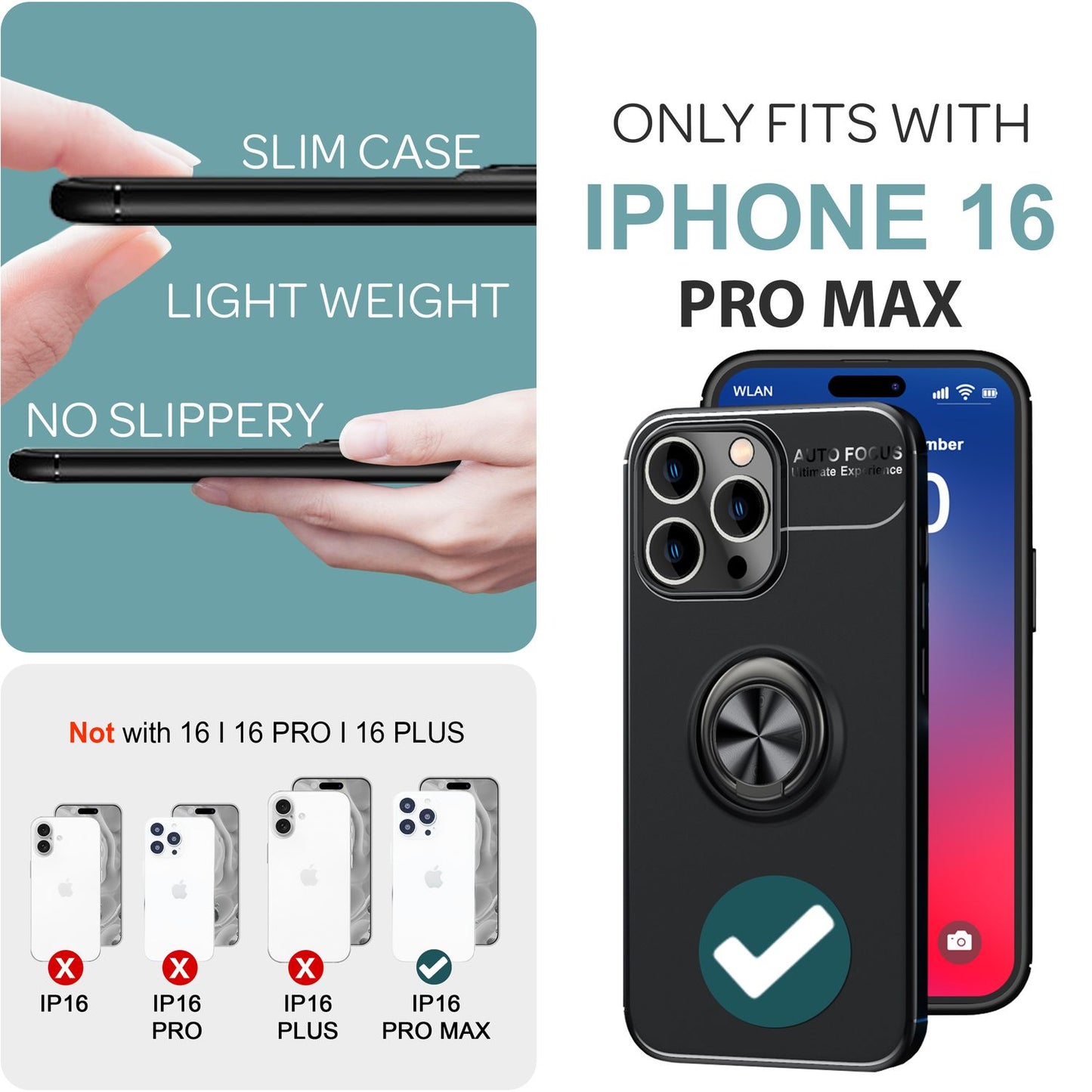 NALIA Ringhülle für iPhone 16 Pro Max – Ring-Ständer 360° & für Magnet-Halter – GRIP360 (Mattiertes Silikon Case) – Marke aus Berlin