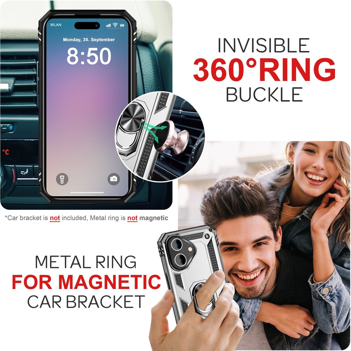 NALIA Panzerhülle für iPhone 16 – Ring-Ständer 360° & Magnet-Halterung Kompatibel – RINGDEFEND (Stoßfestes Outdoor Case) – Marke aus Berlin