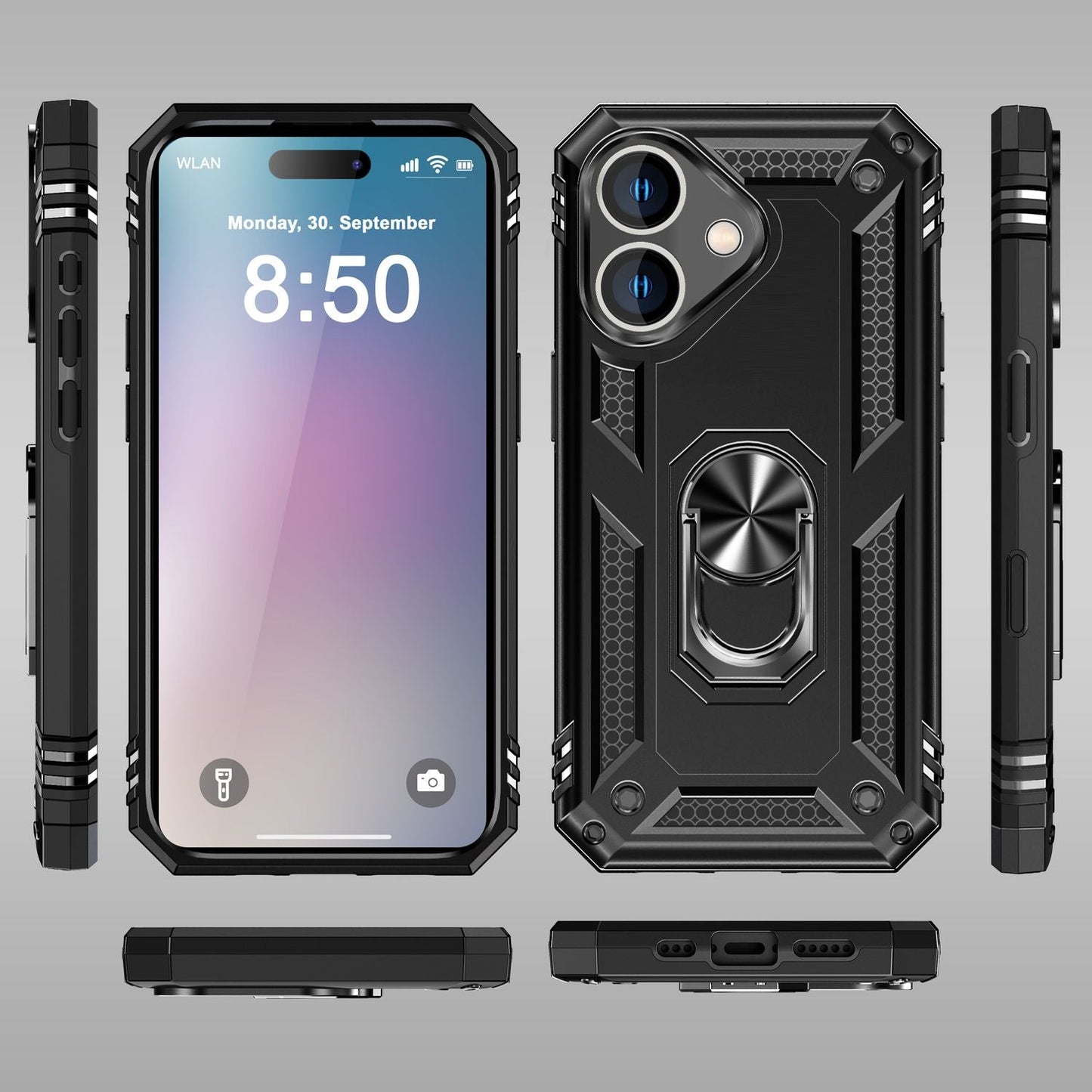 NALIA Panzerhülle für iPhone 16 Plus – Ring-Ständer 360° & Magnet-Halterung Kompatibel – RINGDEFEND (Stoßfestes Outdoor Case) – Marke aus Berlin