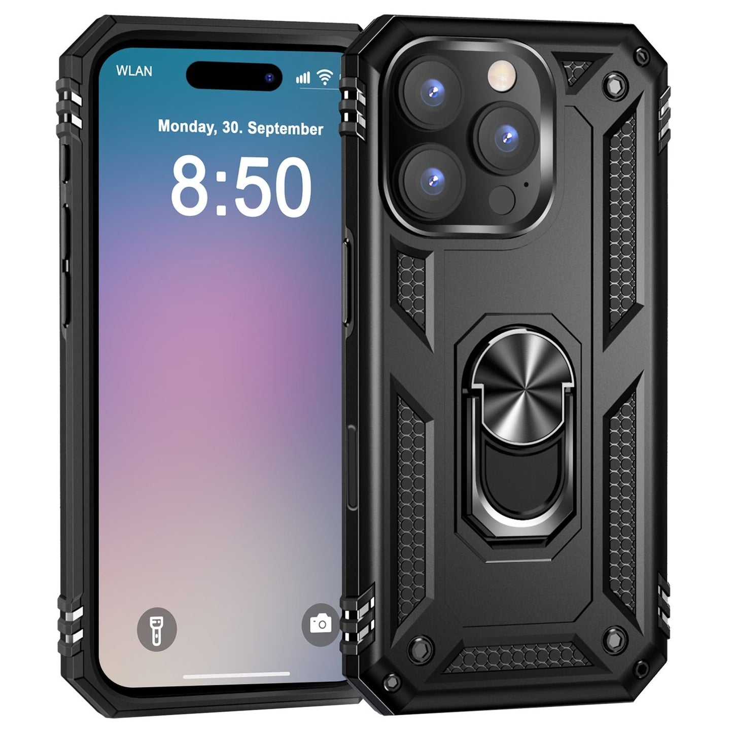 NALIA Panzerhülle für iPhone 16 Pro – Ring-Ständer 360° & Magnet-Halterung Kompatibel – RINGDEFEND (Stoßfestes Outdoor Case) – Marke aus Berlin