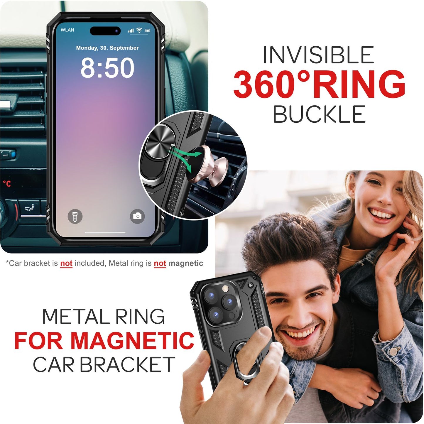 NALIA Panzerhülle für iPhone 16 Pro – Ring-Ständer 360° & Magnet-Halterung Kompatibel – RINGDEFEND (Stoßfestes Outdoor Case) – Marke aus Berlin