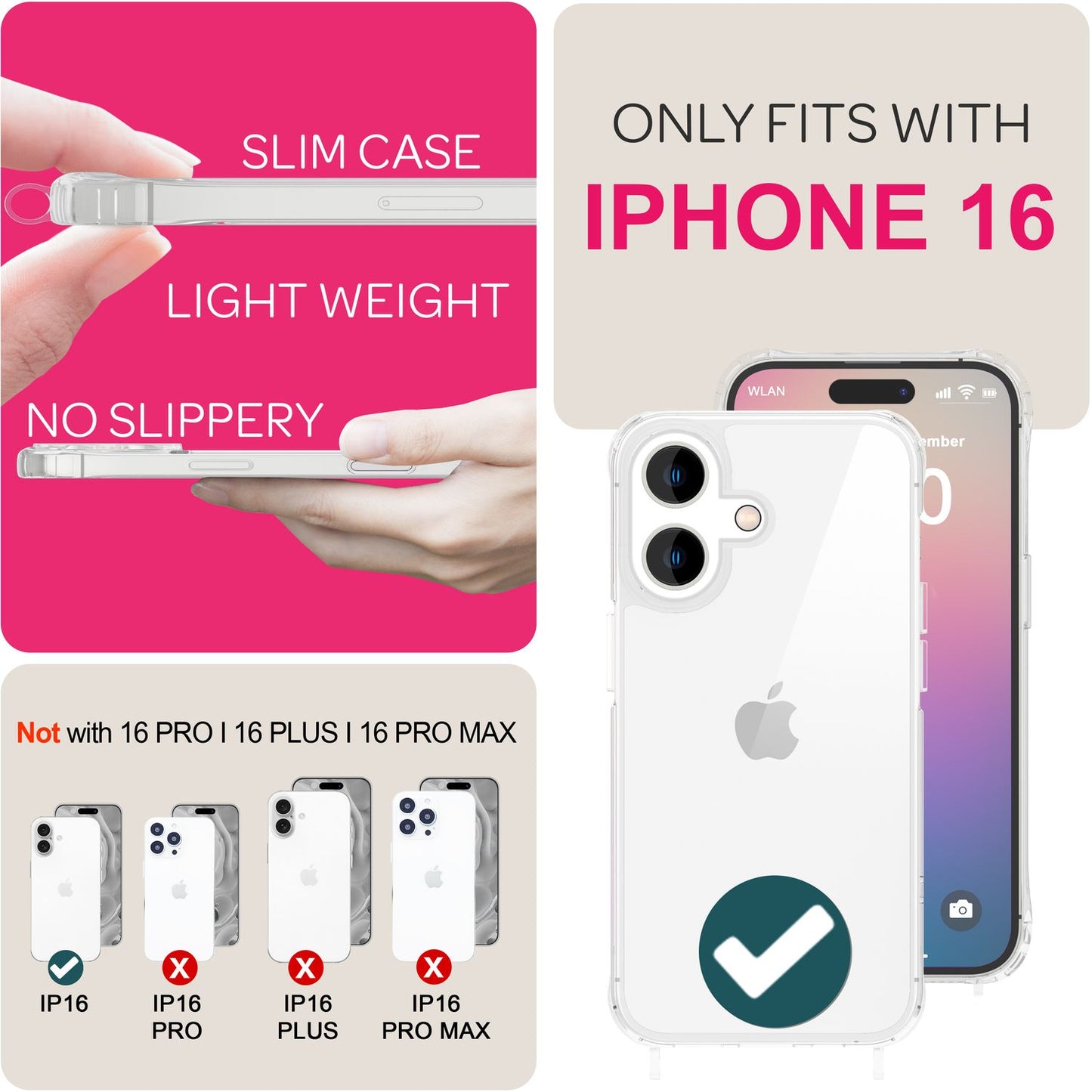 NALIA Handykette für iPhone 16 – Transparentes Hybrid-Case & Band – HANGIT PRO (Anti-Gelb Rückseite & Verstellbar) – Marke aus Berlin