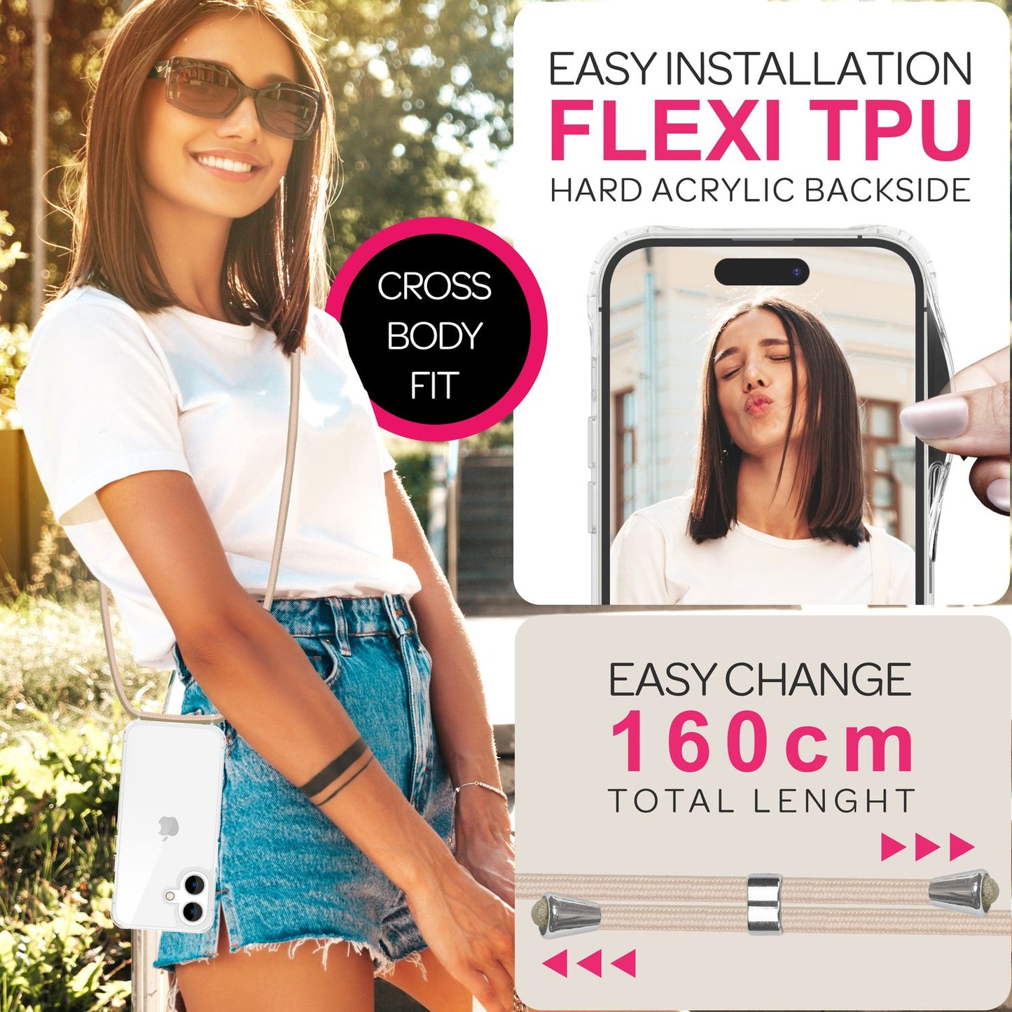 NALIA Handykette für iPhone 16 – Transparentes Hybrid-Case & Band – HANGIT PRO (Anti-Gelb Rückseite & Verstellbar) – Marke aus Berlin