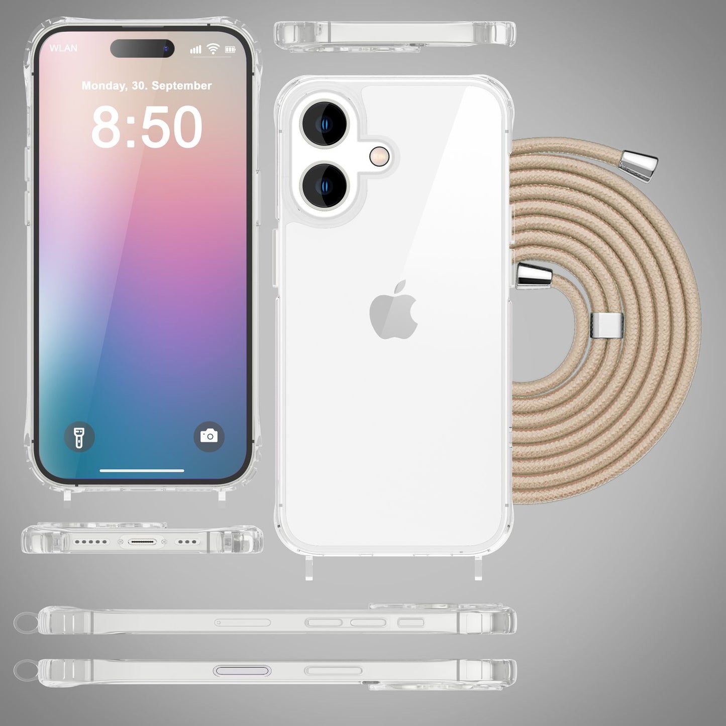 NALIA Handykette für iPhone 16 – Transparentes Hybrid-Case & Band – HANGIT PRO (Anti-Gelb Rückseite & Verstellbar) – Marke aus Berlin