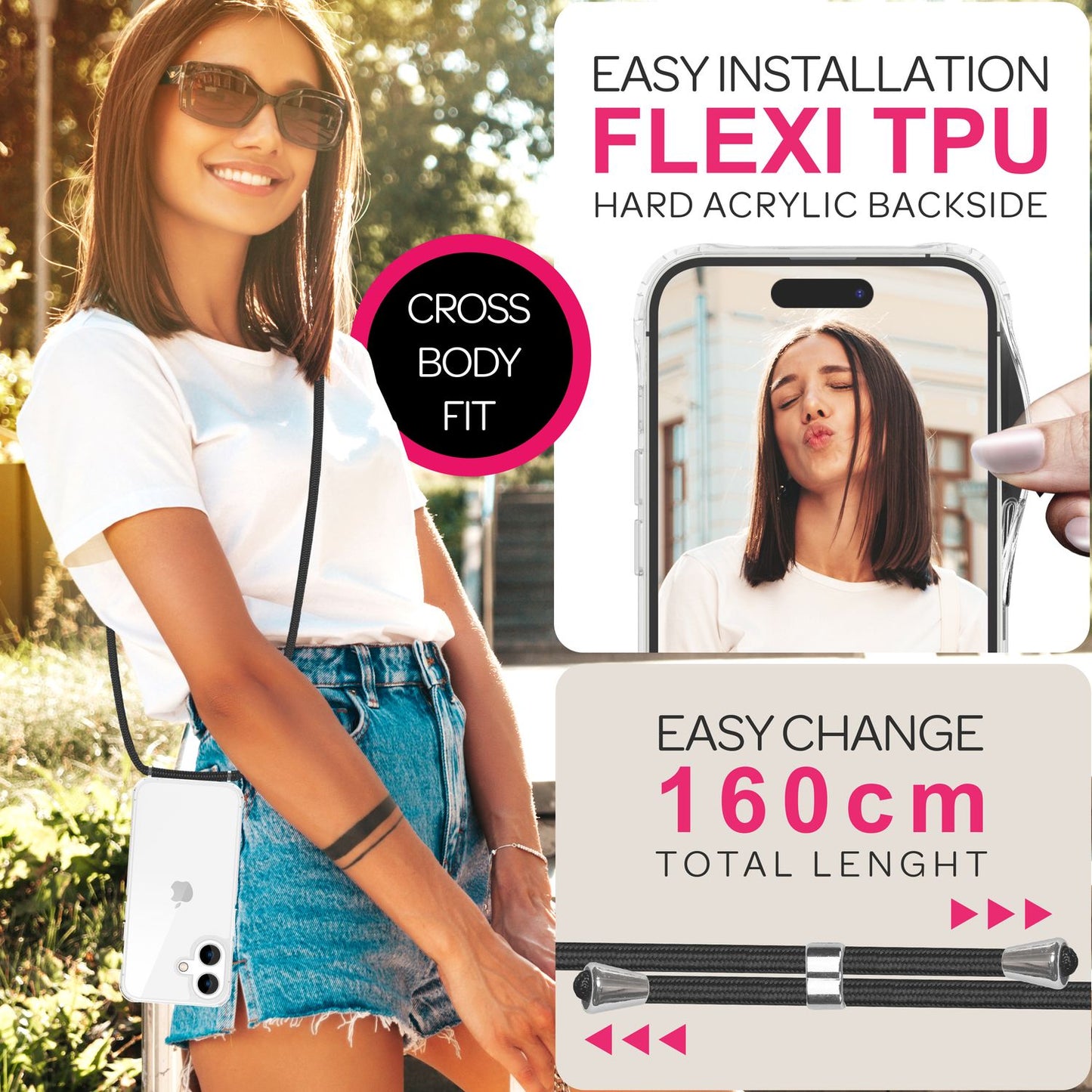 NALIA Handykette für iPhone 16 – Transparentes Hybrid-Case & Band – HANGIT PRO (Anti-Gelb Rückseite & Verstellbar) – Marke aus Berlin