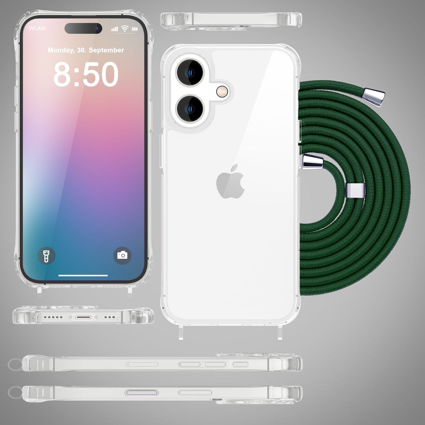 NALIA Handykette für iPhone 16 – Transparentes Hybrid-Case & Band – HANGIT PRO (Anti-Gelb Rückseite & Verstellbar) – Marke aus Berlin