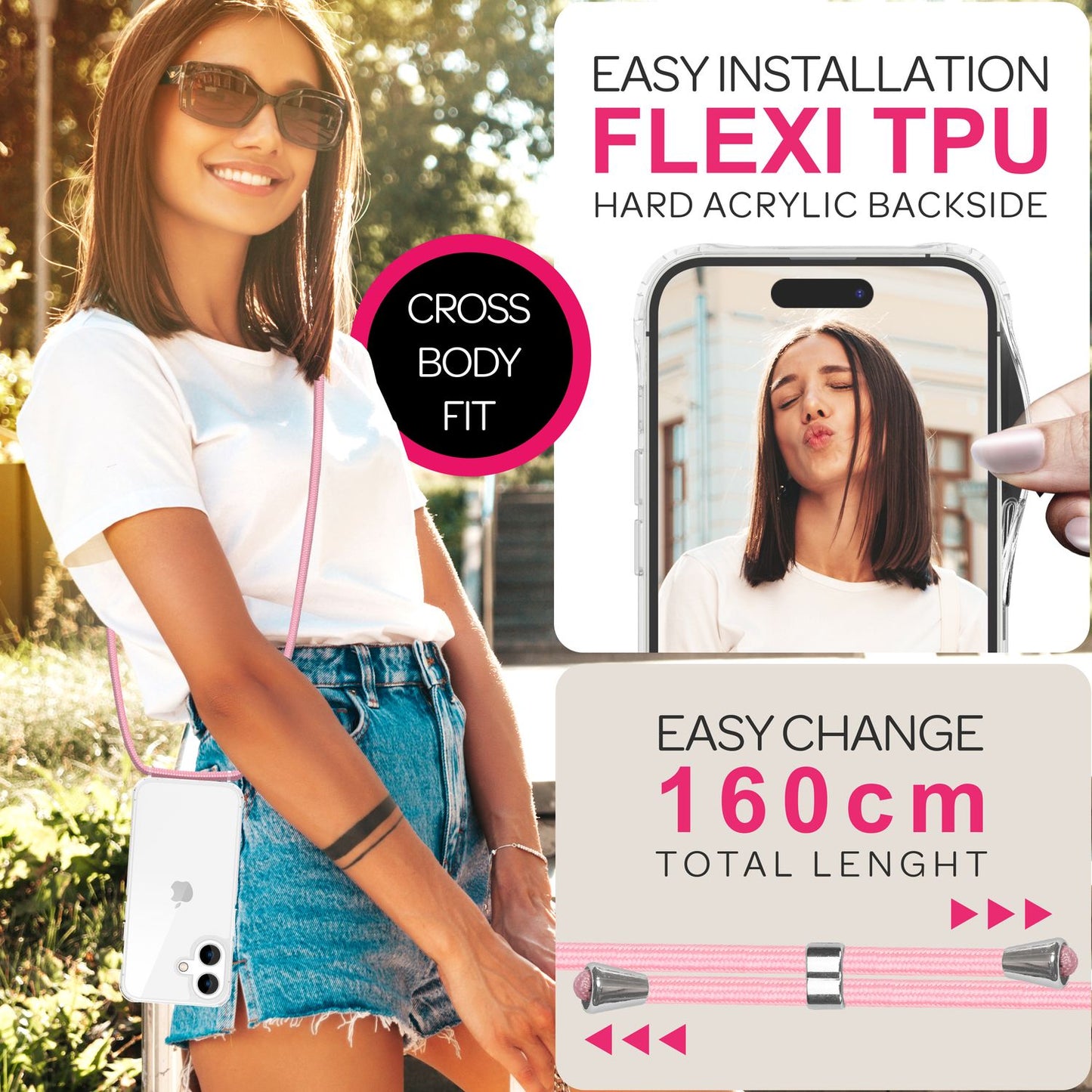 NALIA Handykette für iPhone 16 – Transparentes Hybrid-Case & Band – HANGIT PRO (Anti-Gelb Rückseite & Verstellbar) – Marke aus Berlin