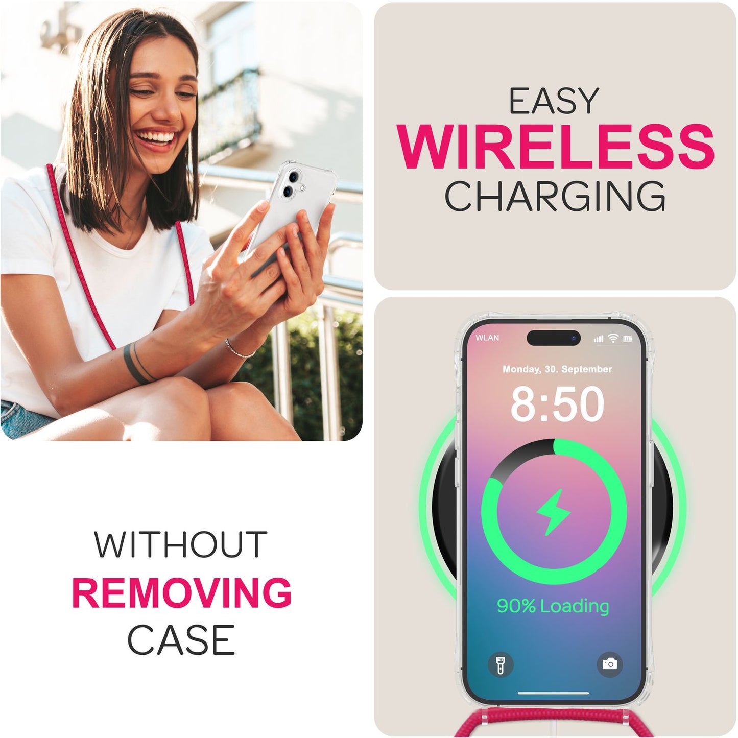NALIA Handykette für iPhone 16 – Transparentes Hybrid-Case & Band – HANGIT PRO (Anti-Gelb Rückseite & Verstellbar) – Marke aus Berlin