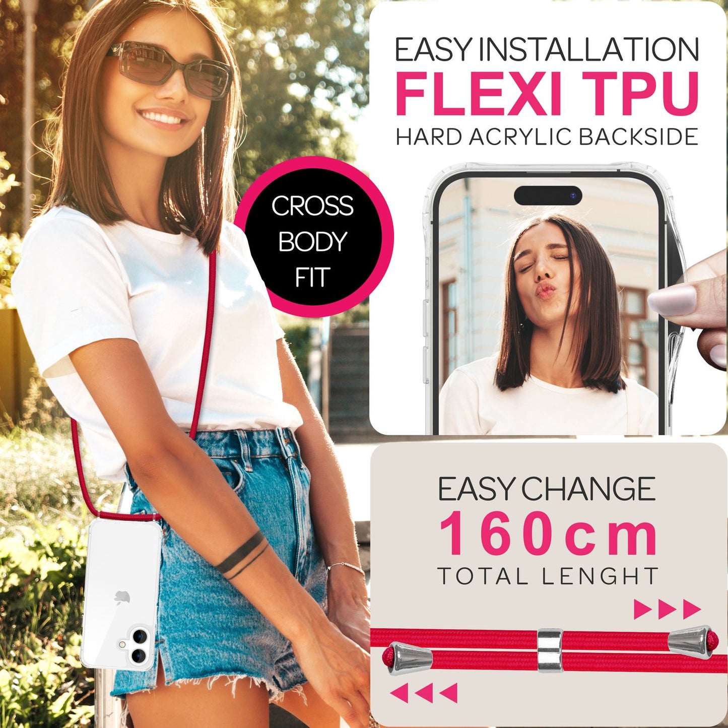 NALIA Handykette für iPhone 16 – Transparentes Hybrid-Case & Band – HANGIT PRO (Anti-Gelb Rückseite & Verstellbar) – Marke aus Berlin
