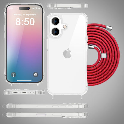 NALIA Handykette für iPhone 16 – Transparentes Hybrid-Case & Band – HANGIT PRO (Anti-Gelb Rückseite & Verstellbar) – Marke aus Berlin