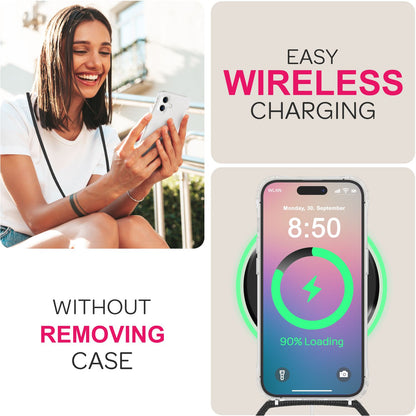 NALIA Handykette für iPhone 16 Plus – Transparentes Hybrid-Case & Band – HANGIT PRO (Anti-Gelb Rückseite & Verstellbar) – Marke aus Berlin