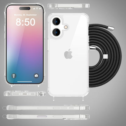 NALIA Handykette für iPhone 16 Plus – Transparentes Hybrid-Case & Band – HANGIT PRO (Anti-Gelb Rückseite & Verstellbar) – Marke aus Berlin