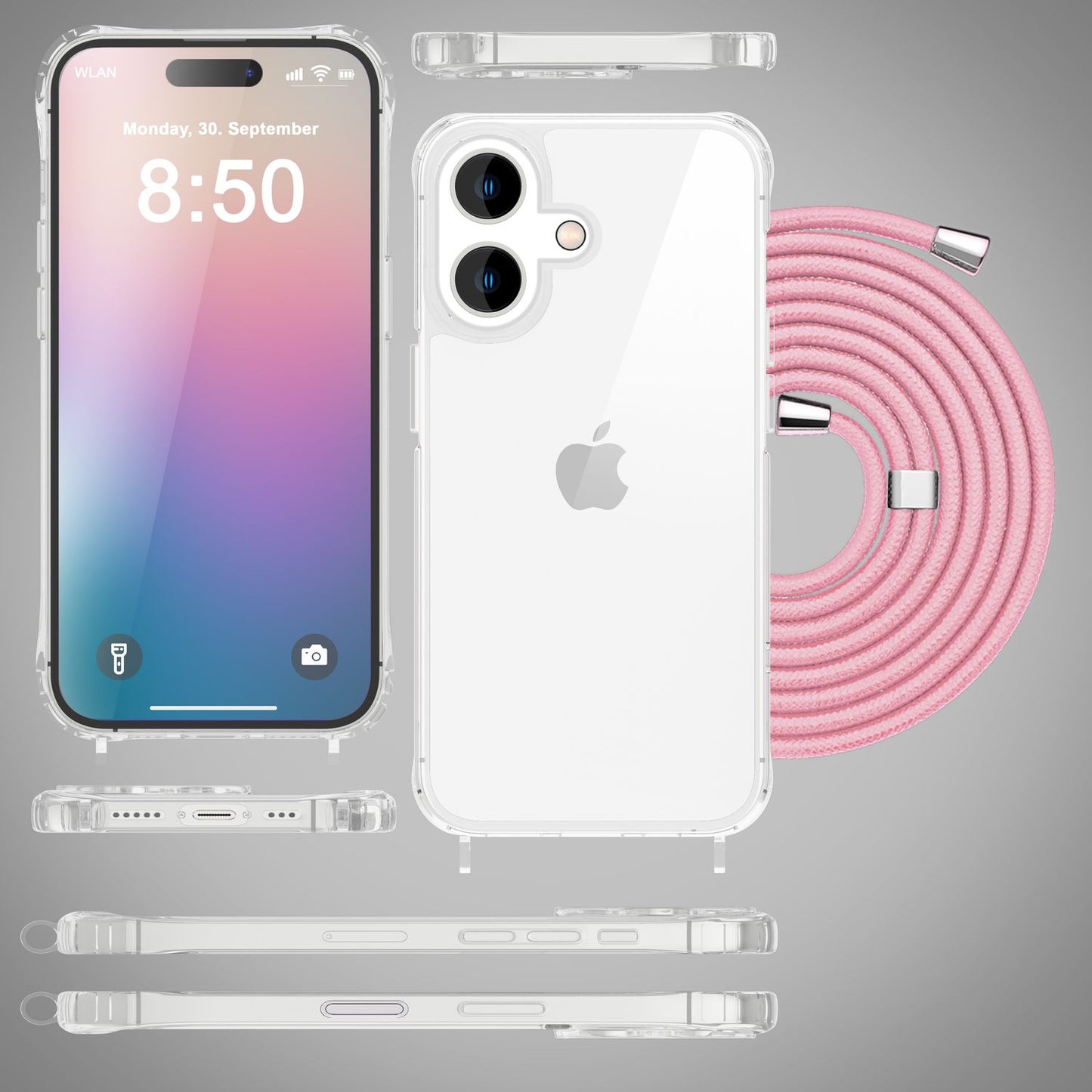 NALIA Handykette für iPhone 16 Plus – Transparentes Hybrid-Case & Band – HANGIT PRO (Anti-Gelb Rückseite & Verstellbar) – Marke aus Berlin