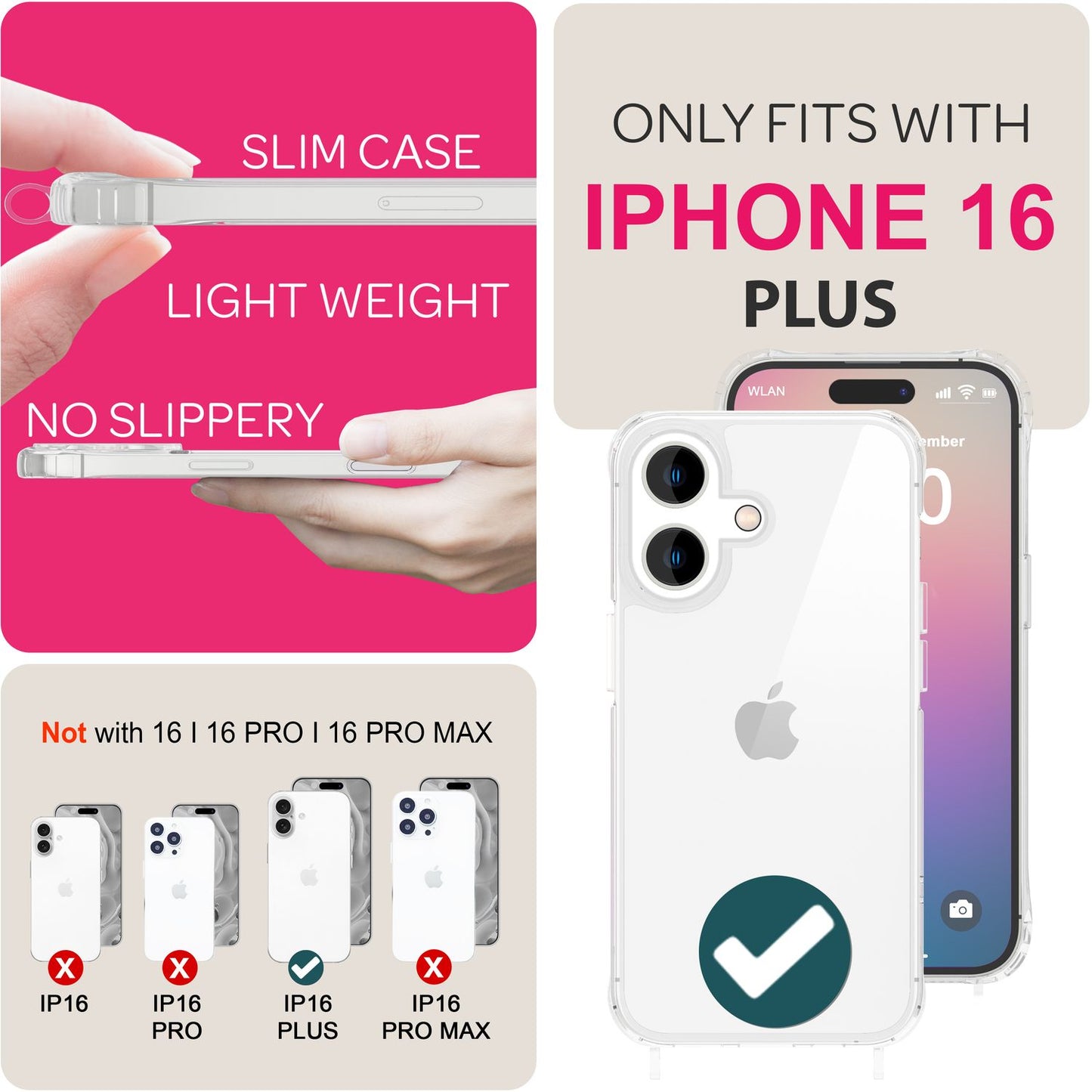 NALIA Handykette für iPhone 16 Plus – Transparentes Hybrid-Case & Band – HANGIT PRO (Anti-Gelb Rückseite & Verstellbar) – Marke aus Berlin