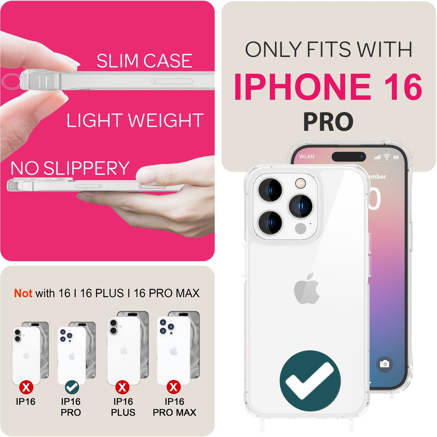 NALIA Handykette für iPhone 16 Pro – Transparentes Hybrid-Case & Band – HANGIT PRO (Anti-Gelb Rückseite & Verstellbar) – Marke aus Berlin
