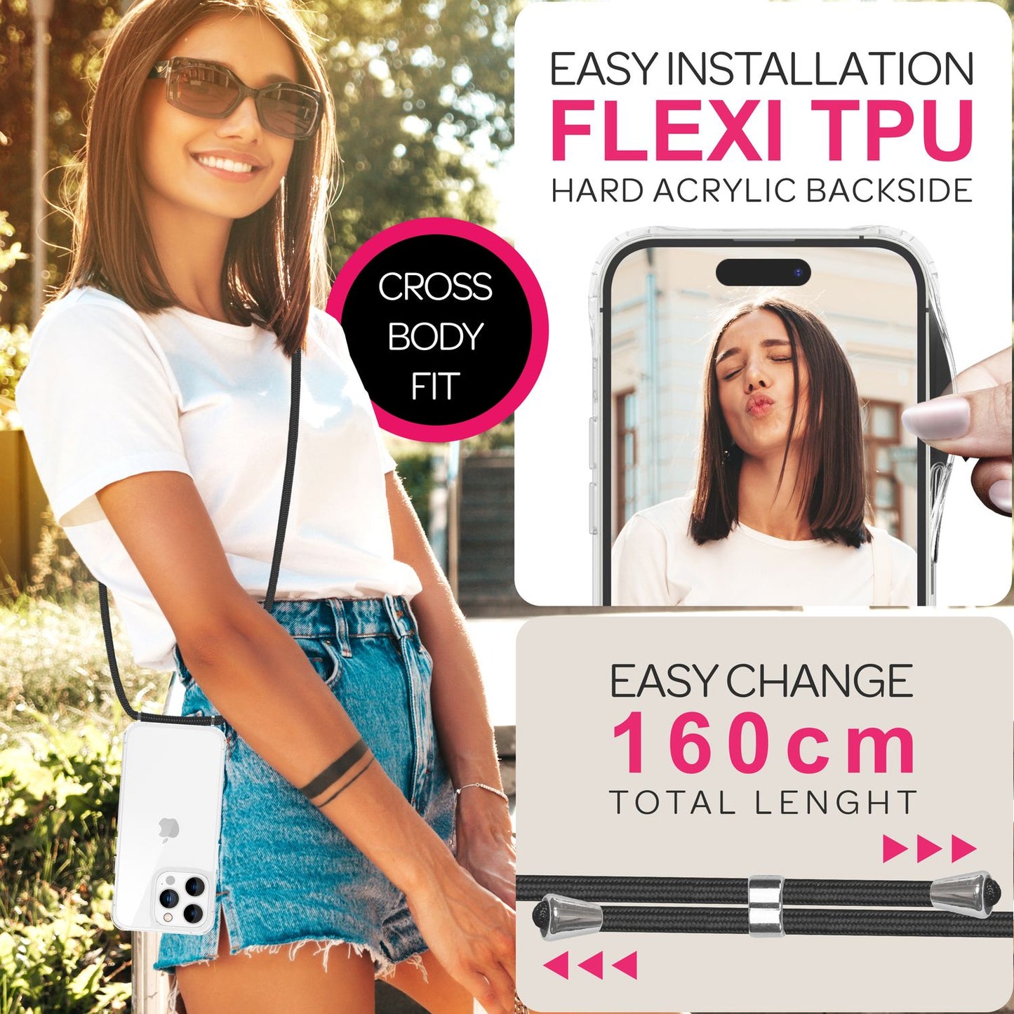 NALIA Handykette für iPhone 16 Pro – Transparentes Hybrid-Case & Band – HANGIT PRO (Anti-Gelb Rückseite & Verstellbar) – Marke aus Berlin