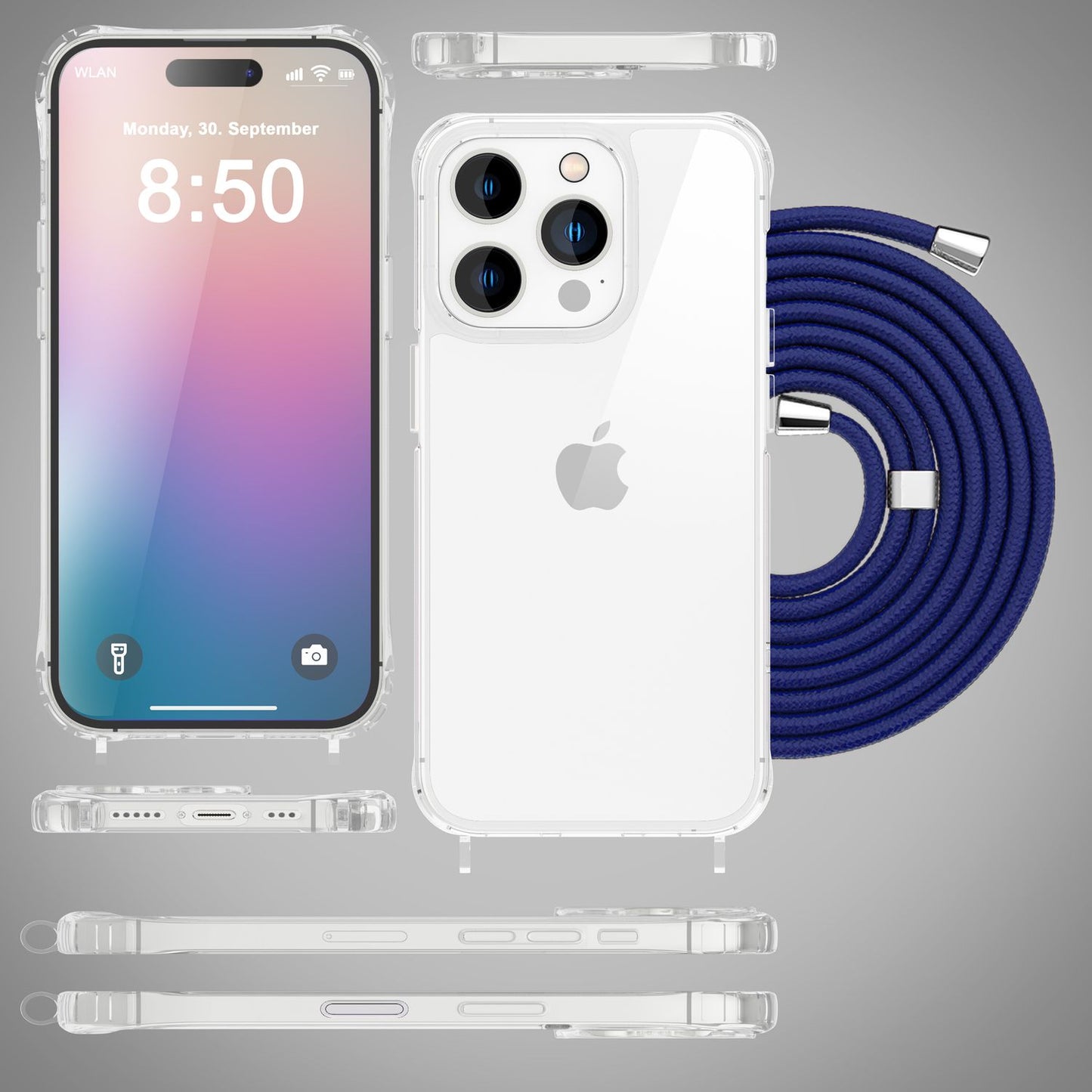 NALIA Handykette für iPhone 16 Pro – Transparentes Hybrid-Case & Band – HANGIT PRO (Anti-Gelb Rückseite & Verstellbar) – Marke aus Berlin