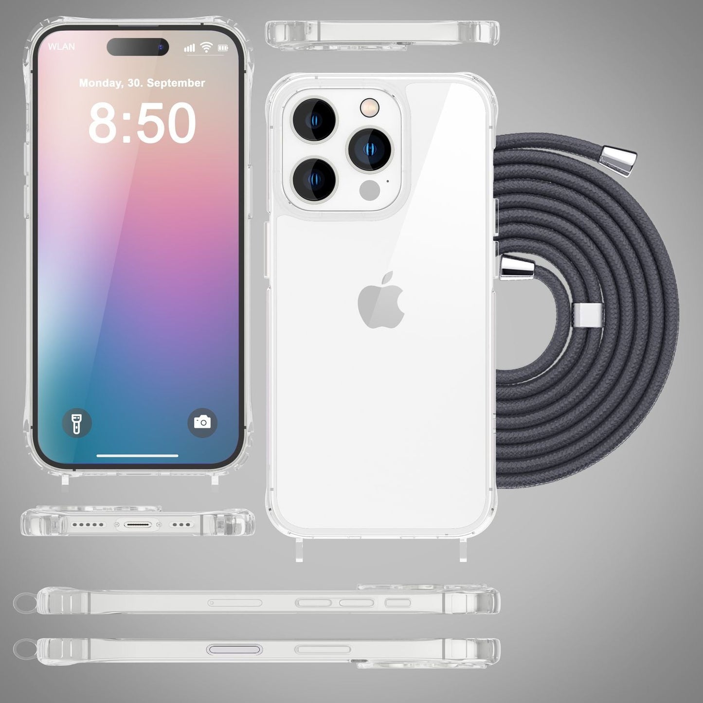 NALIA Handykette für iPhone 16 Pro – Transparentes Hybrid-Case & Band – HANGIT PRO (Anti-Gelb Rückseite & Verstellbar) – Marke aus Berlin
