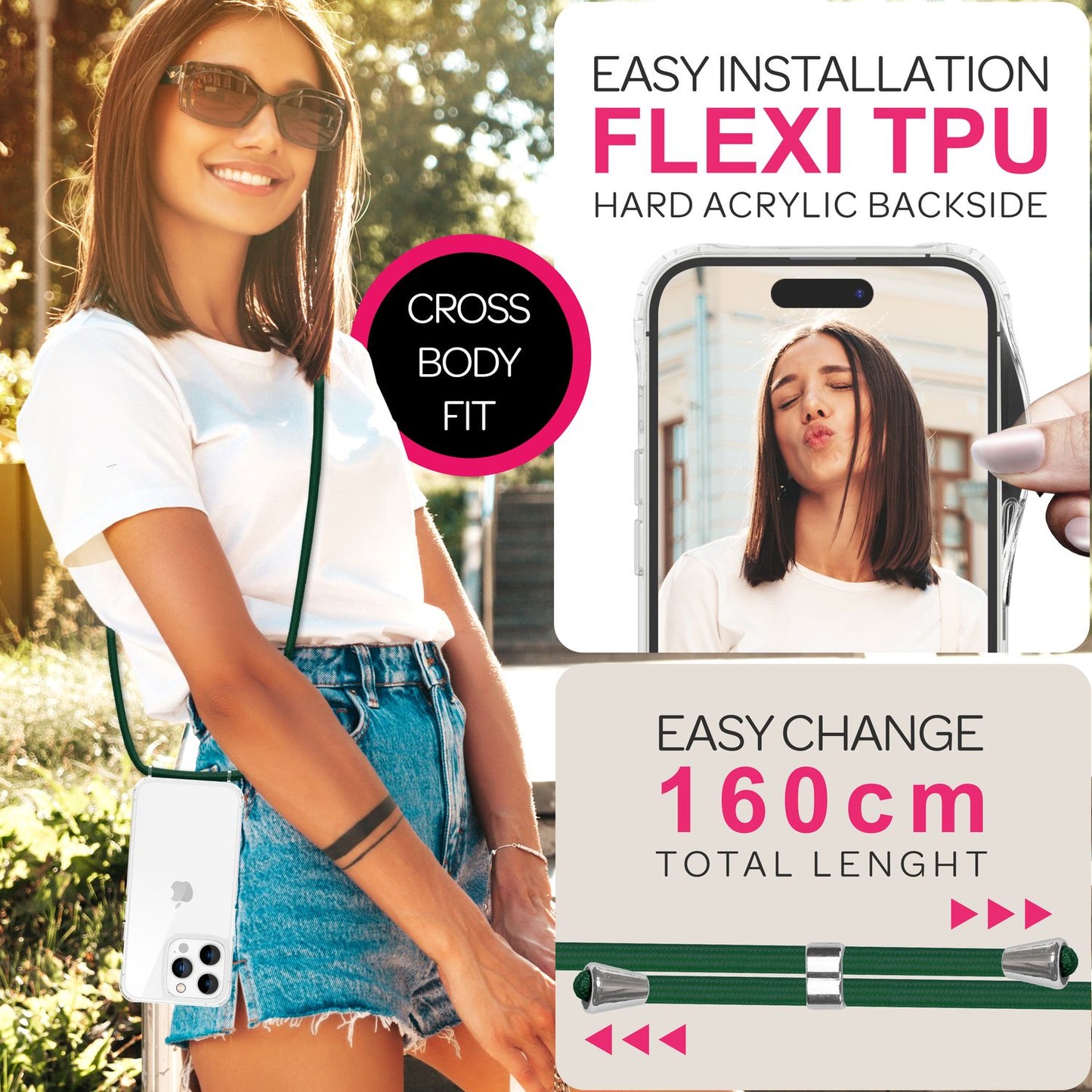 NALIA Handykette für iPhone 16 Pro – Transparentes Hybrid-Case & Band – HANGIT PRO (Anti-Gelb Rückseite & Verstellbar) – Marke aus Berlin