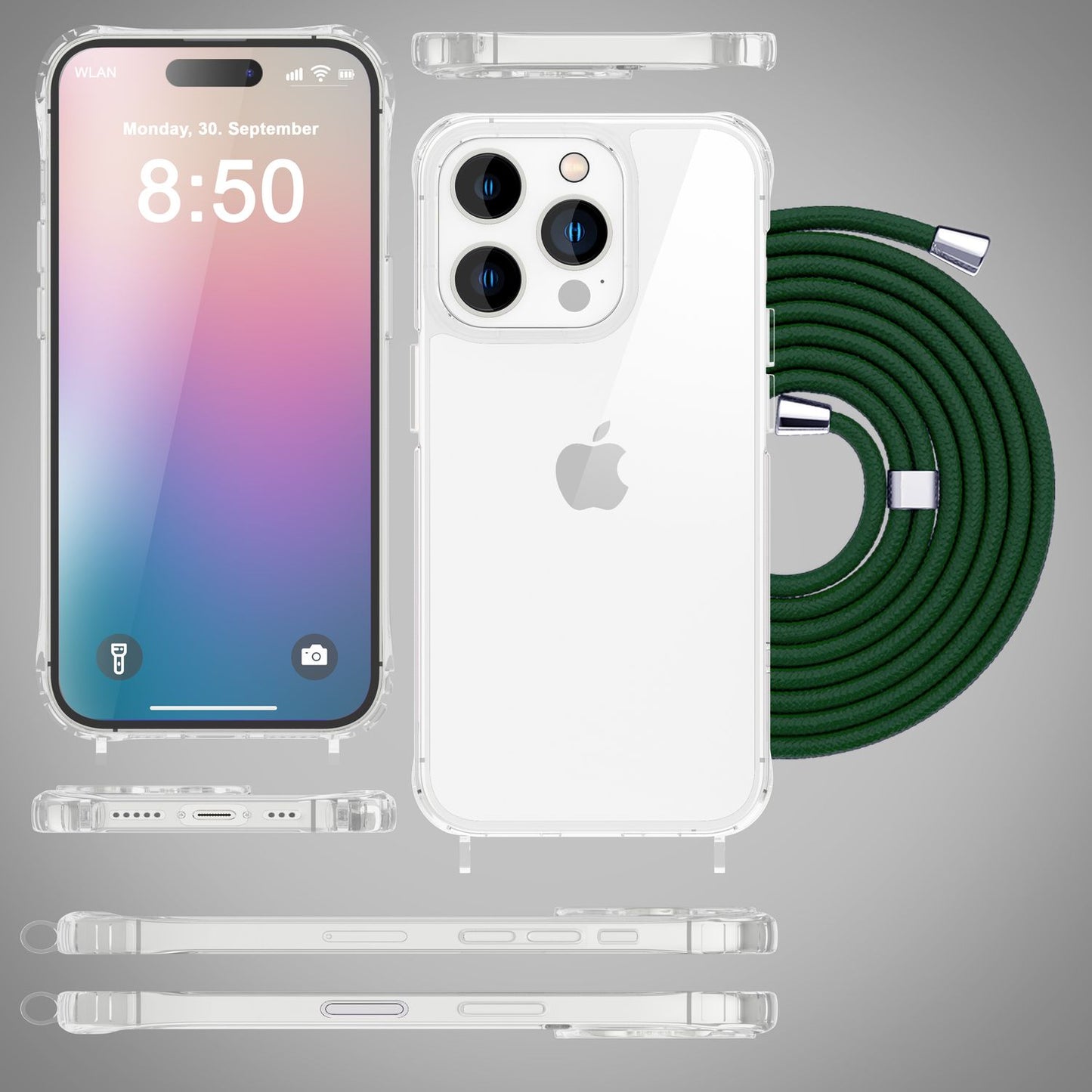 NALIA Handykette für iPhone 16 Pro – Transparentes Hybrid-Case & Band – HANGIT PRO (Anti-Gelb Rückseite & Verstellbar) – Marke aus Berlin
