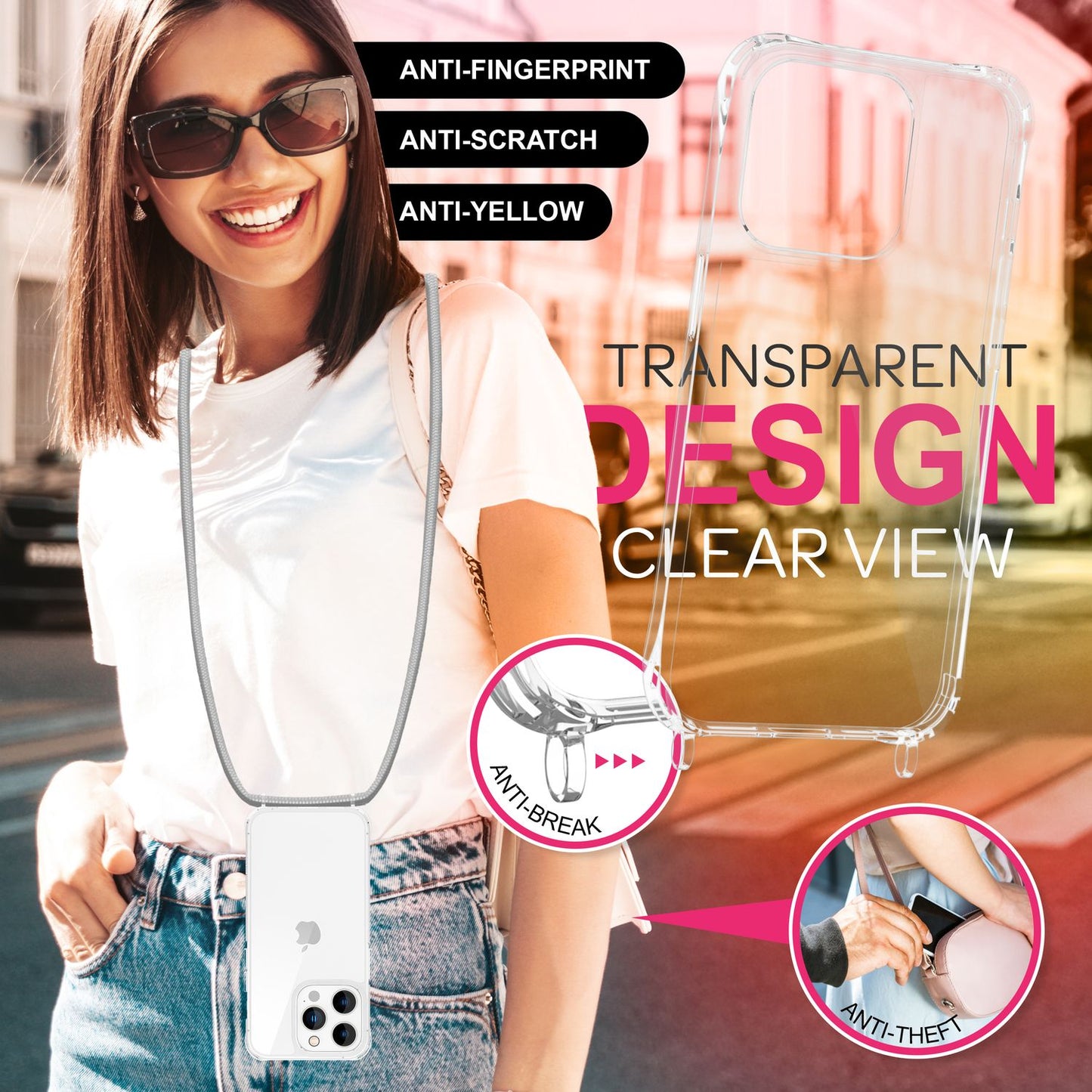 NALIA Handykette für iPhone 16 Pro – Transparentes Hybrid-Case & Band – HANGIT PRO (Anti-Gelb Rückseite & Verstellbar) – Marke aus Berlin