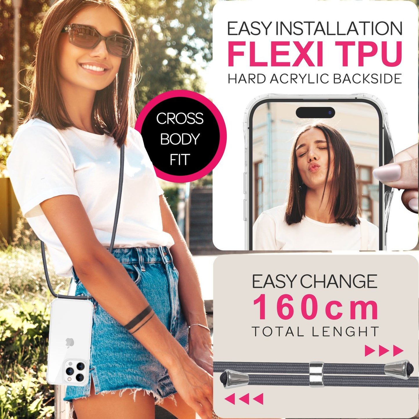 NALIA Handykette für iPhone 16 Pro Max – Transparentes Hybrid-Case & Band – HANGIT PRO (Anti-Gelb Rückseite & Verstellbar) – Marke aus Berlin